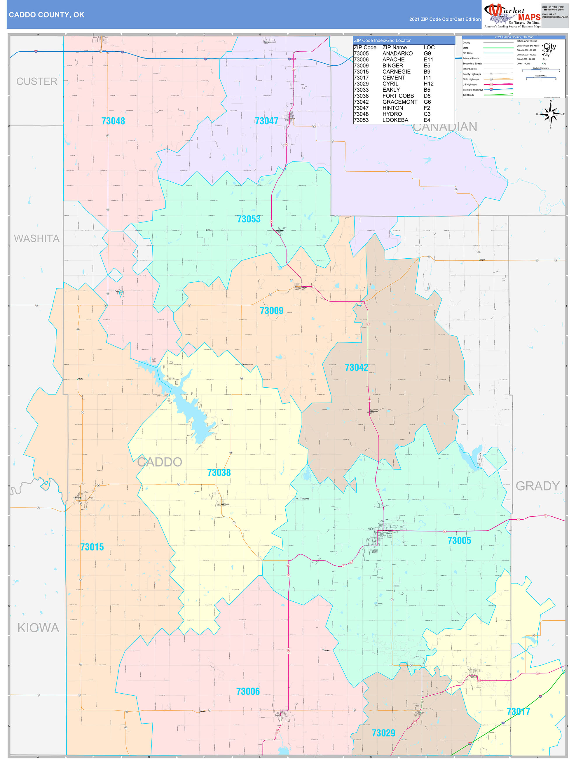 Caddo County, OK Wall Map Color Cast Style by MarketMAPS - MapSales