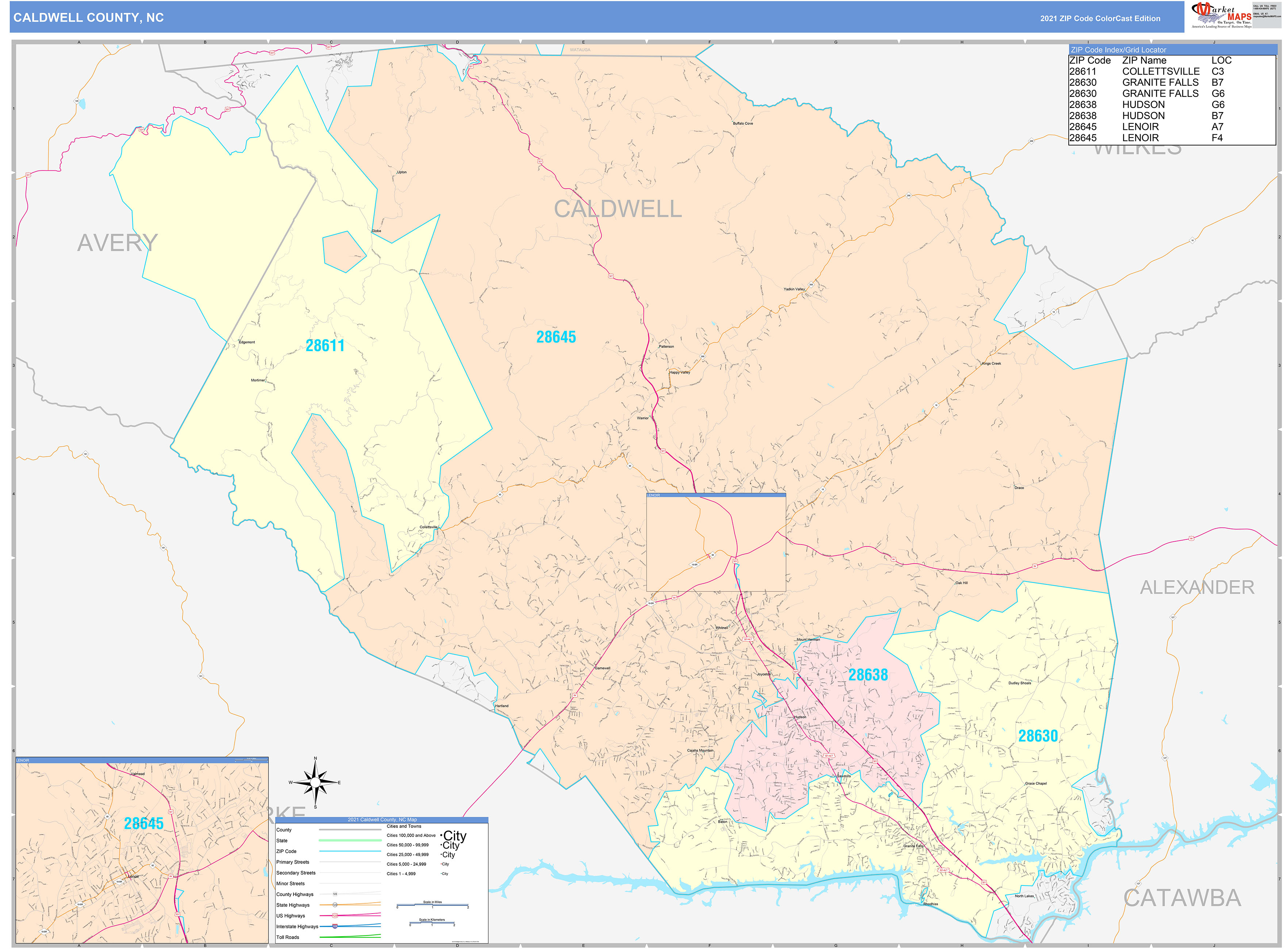 Caldwell County, NC Wall Map Color Cast Style by MarketMAPS