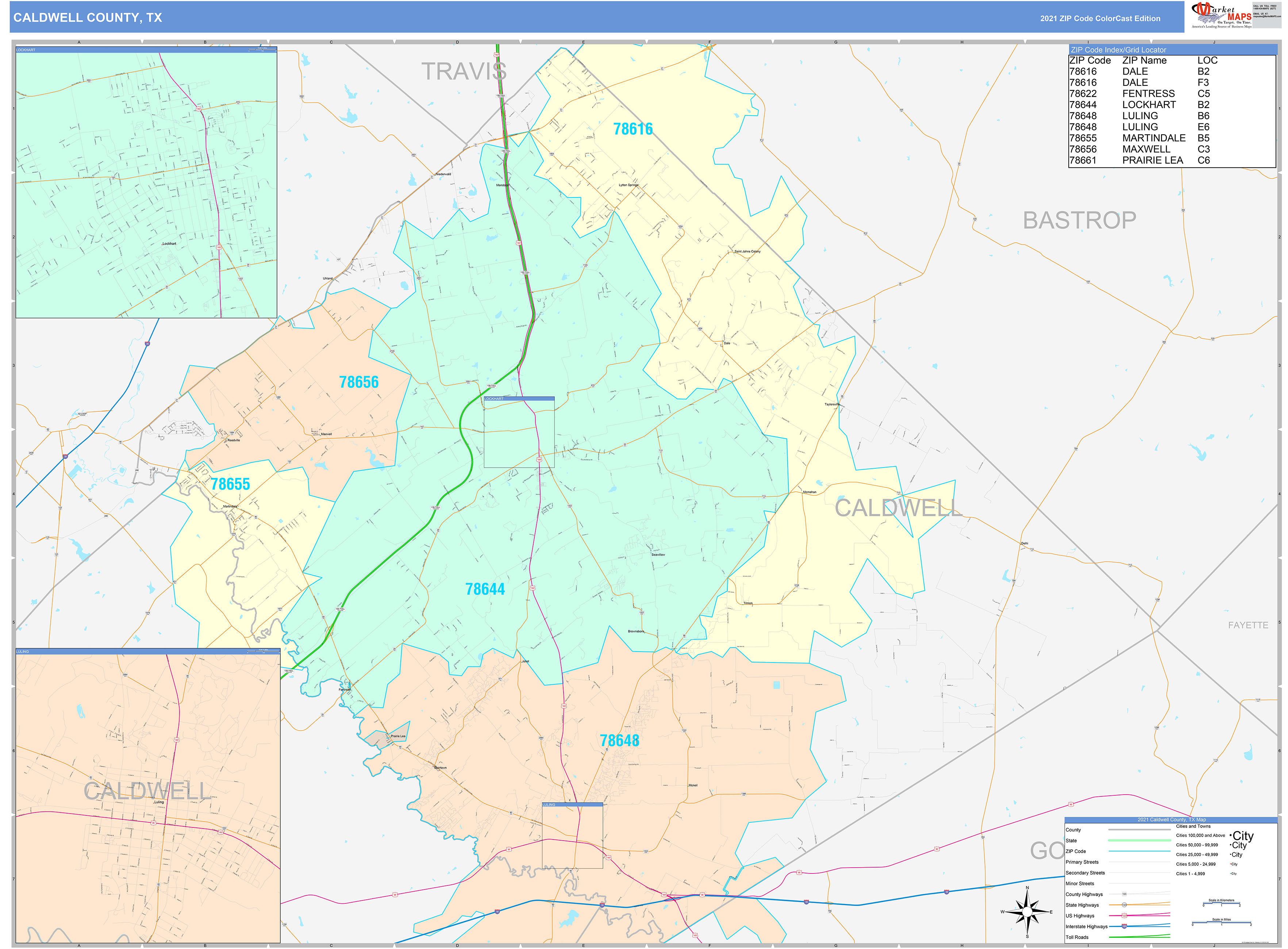 Caldwell County, TX Wall Map Color Cast Style by MarketMAPS