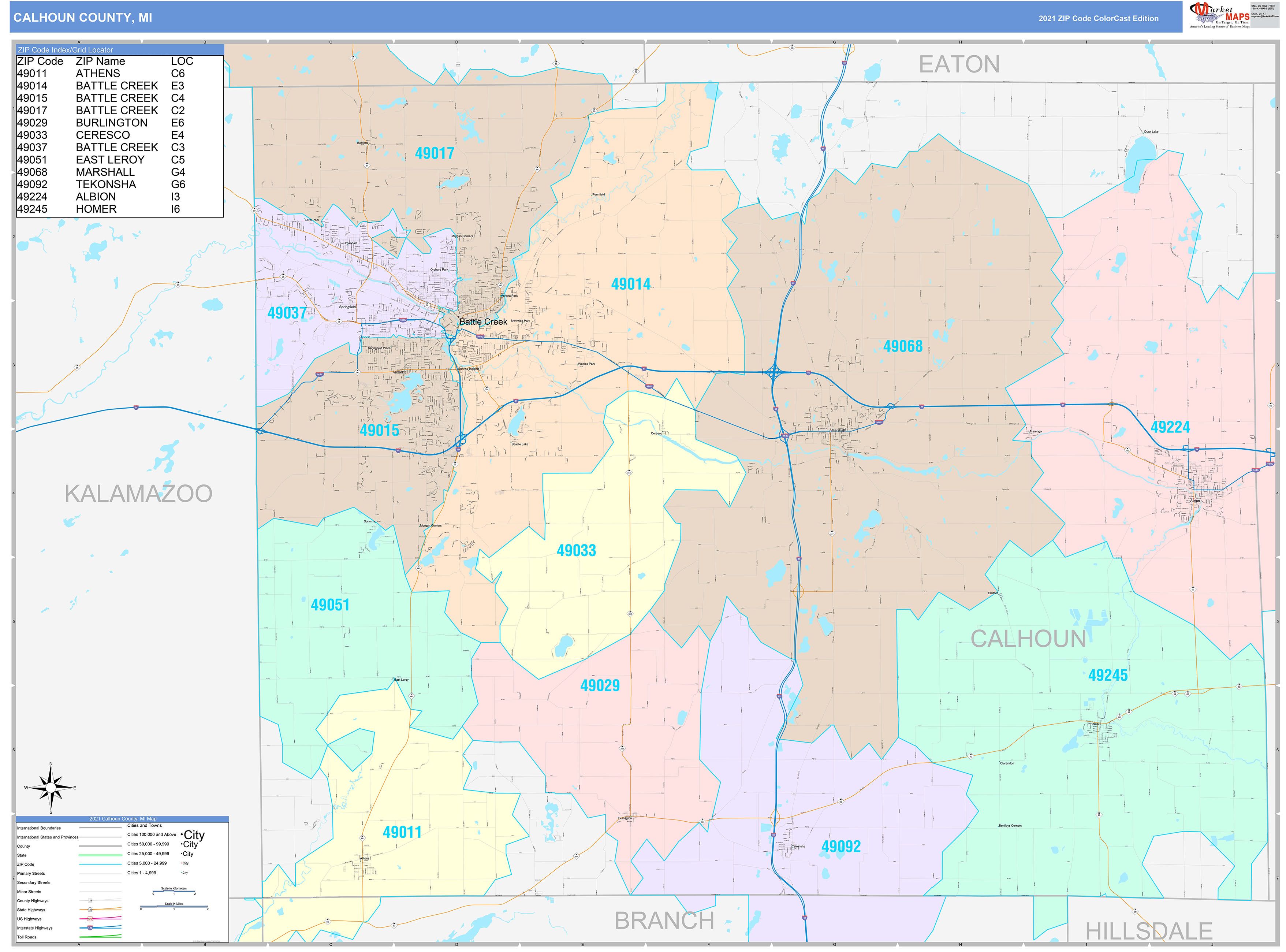 Calhoun County, MI Wall Map Color Cast Style by MarketMAPS