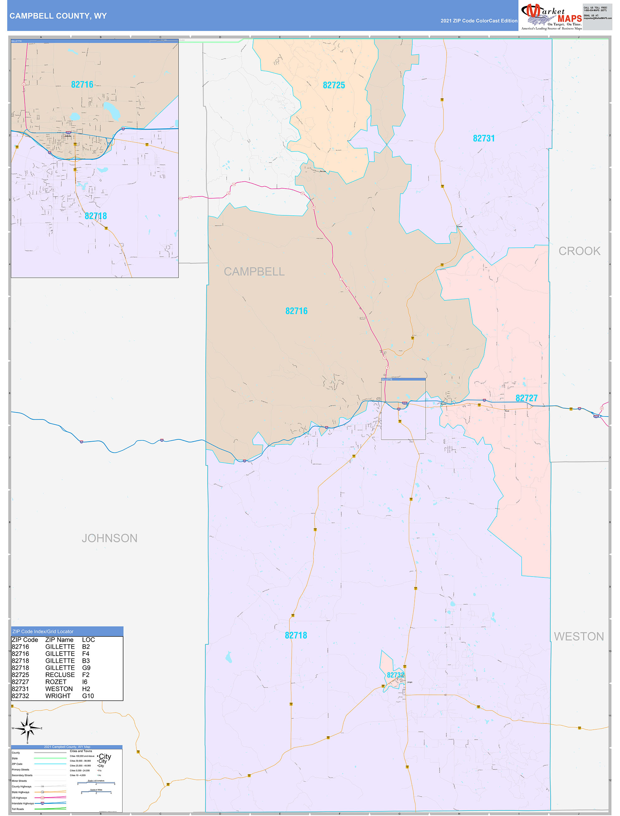 Campbell County, WY Wall Map Color Cast Style by MarketMAPS - MapSales