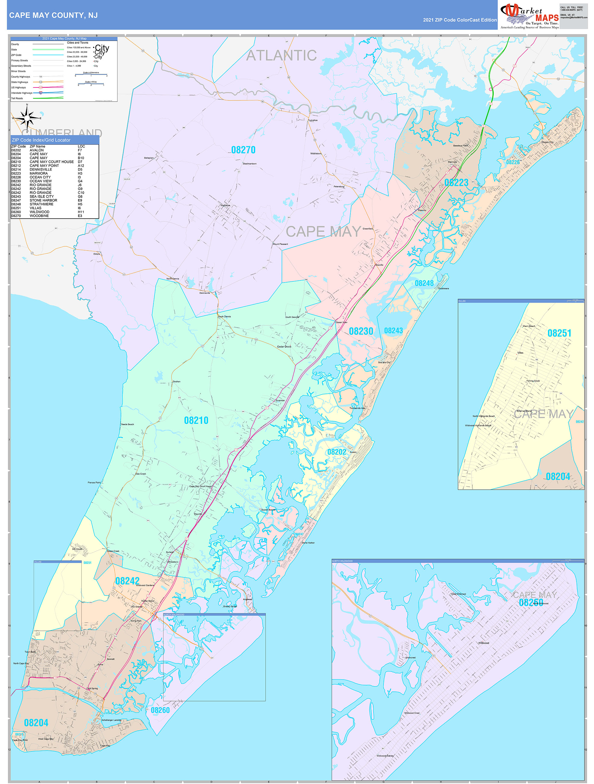 Cape May County, NJ Wall Map Color Cast Style by MarketMAPS MapSales