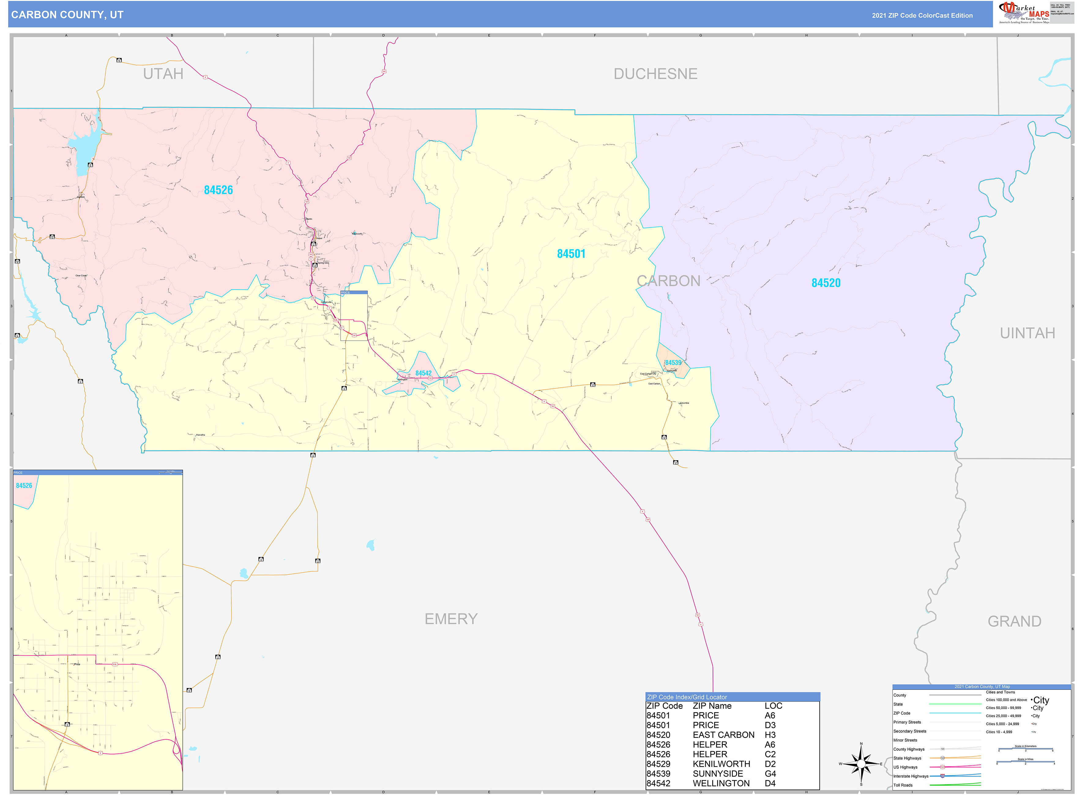 Carbon County, UT Wall Map Color Cast Style by MarketMAPS - MapSales