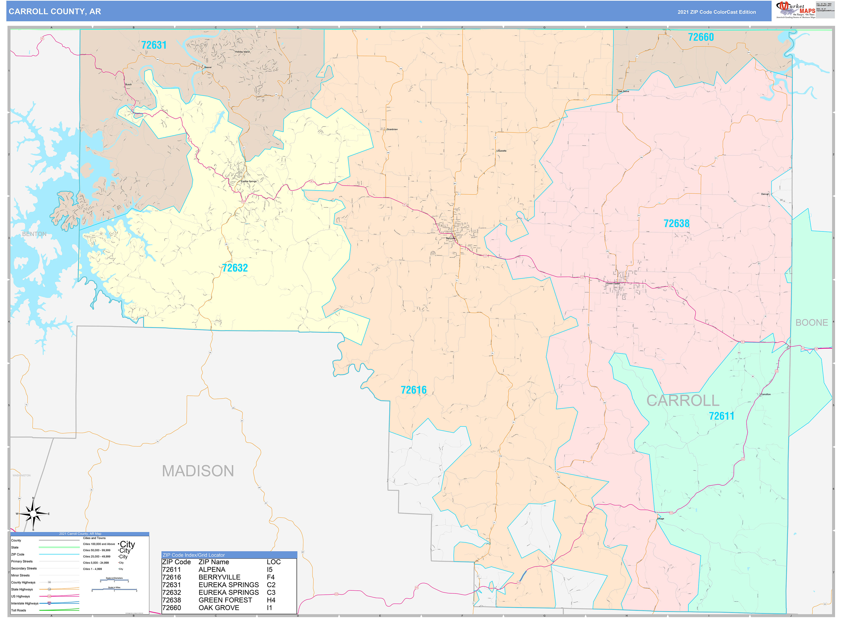 Carroll County, AR Wall Map Color Cast Style by MarketMAPS - MapSales.com