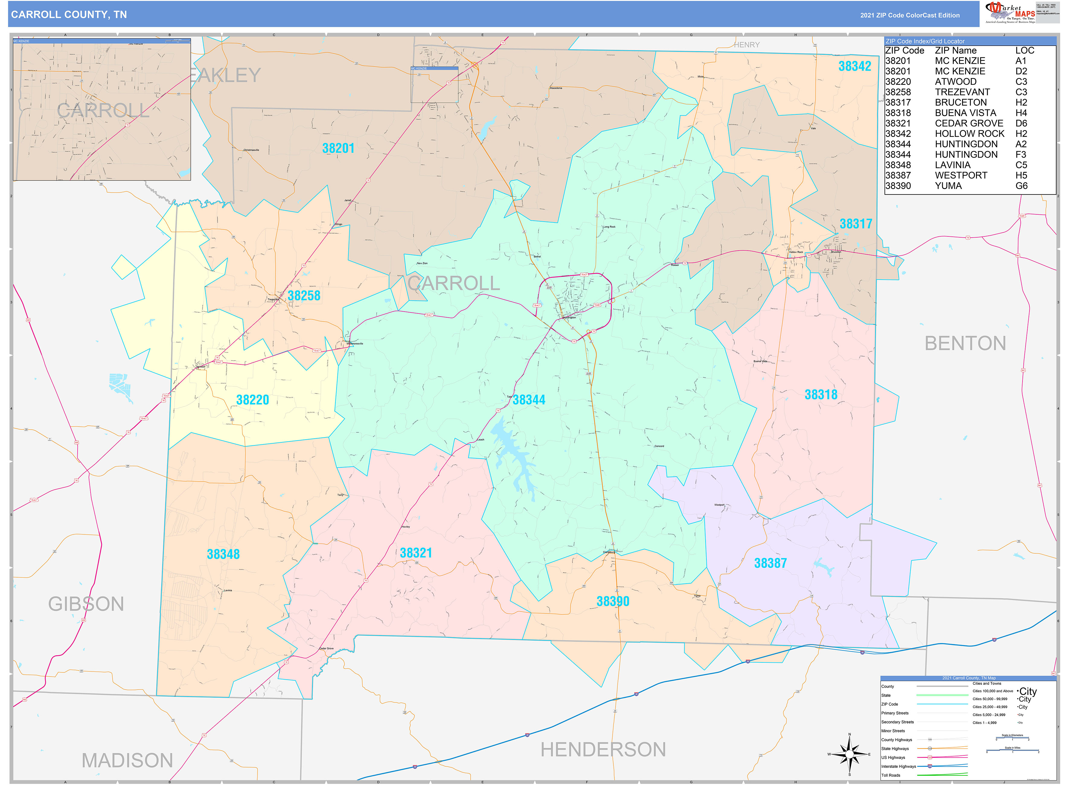 Carroll County, TN Wall Map Color Cast Style by MarketMAPS