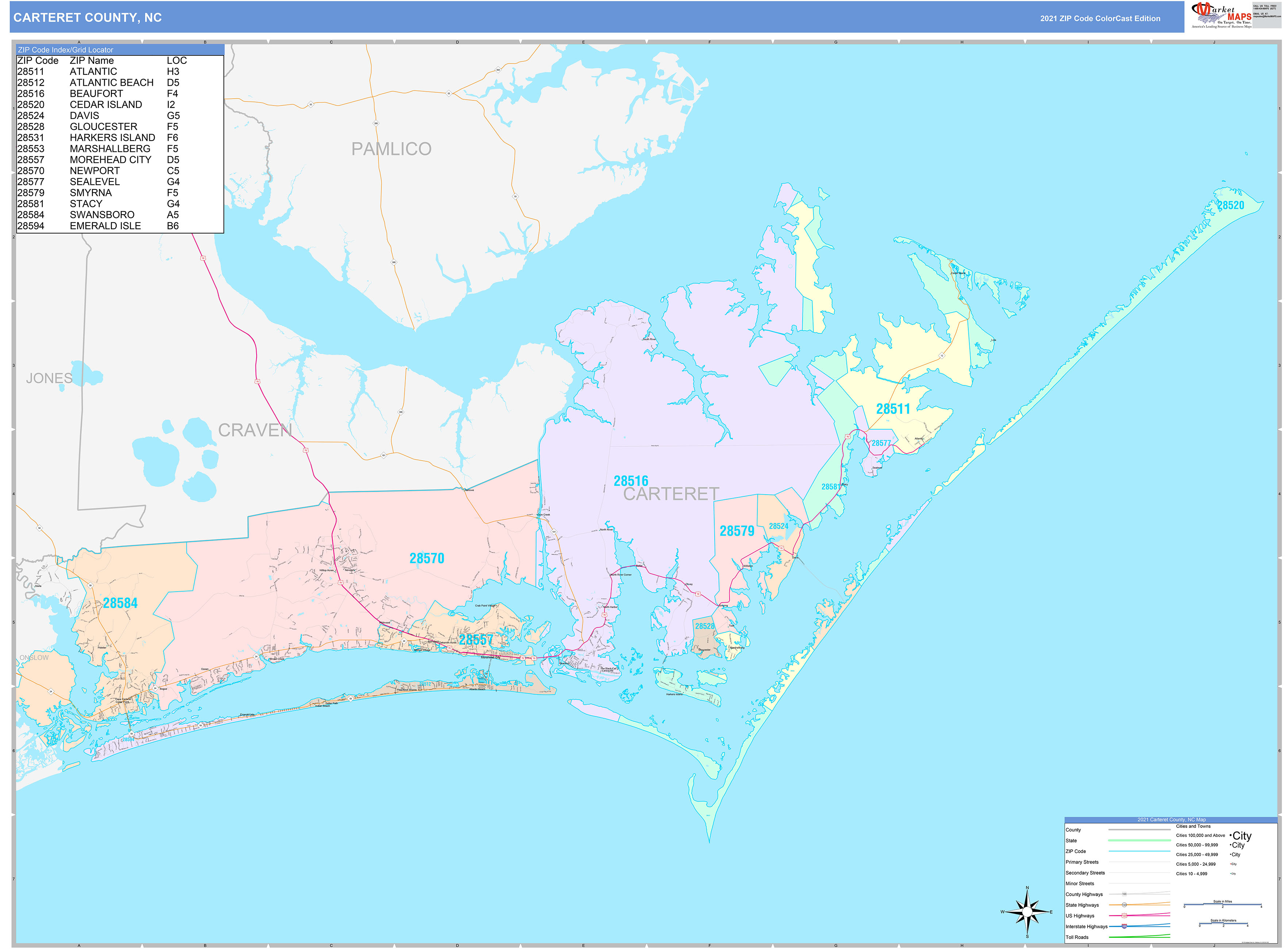 Carteret County, NC Wall Map Color Cast Style by MarketMAPS