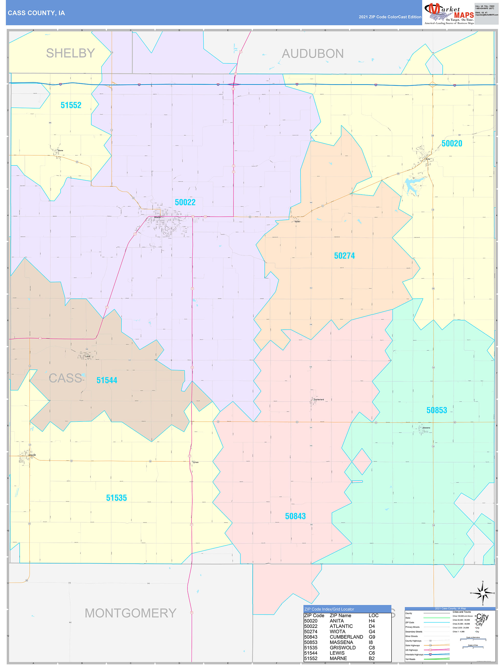 Cass County, IA Wall Map Color Cast Style by MarketMAPS - MapSales.com