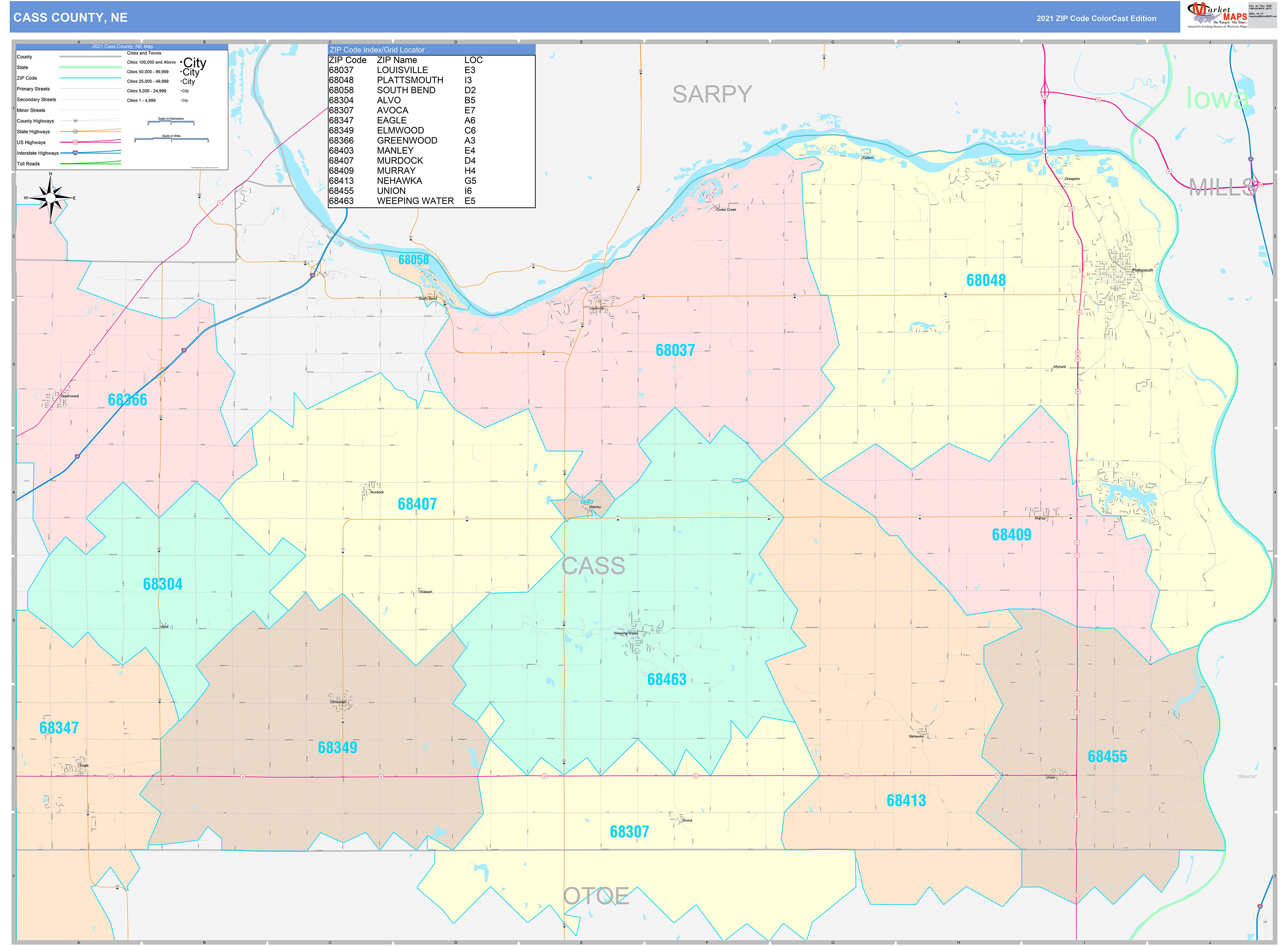 Cass County, NE Wall Map Color Cast Style by MarketMAPS - MapSales.com