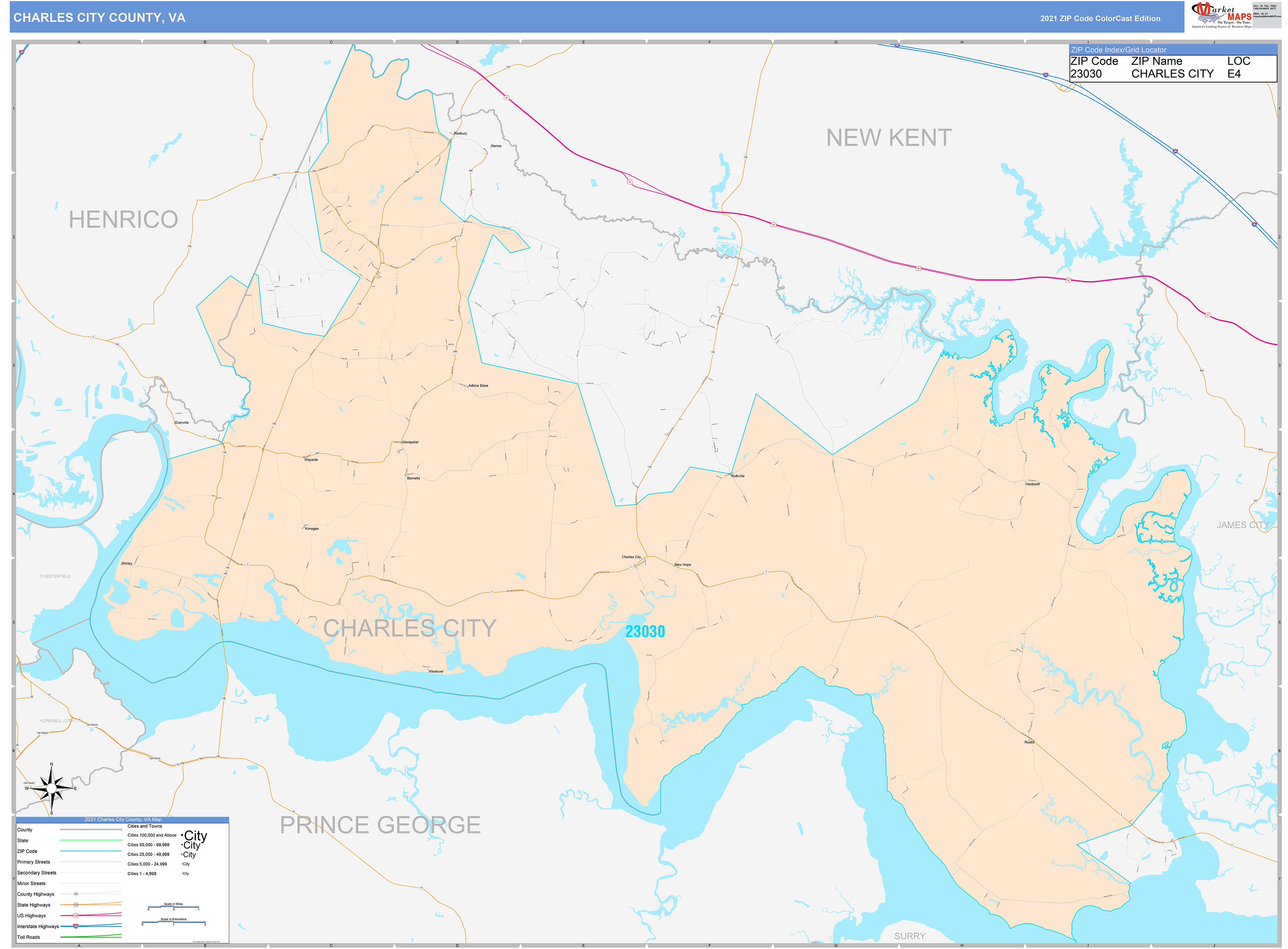 Charles City County VA Wall Map Color Cast Style By MarketMAPS   CharlesCity VA 