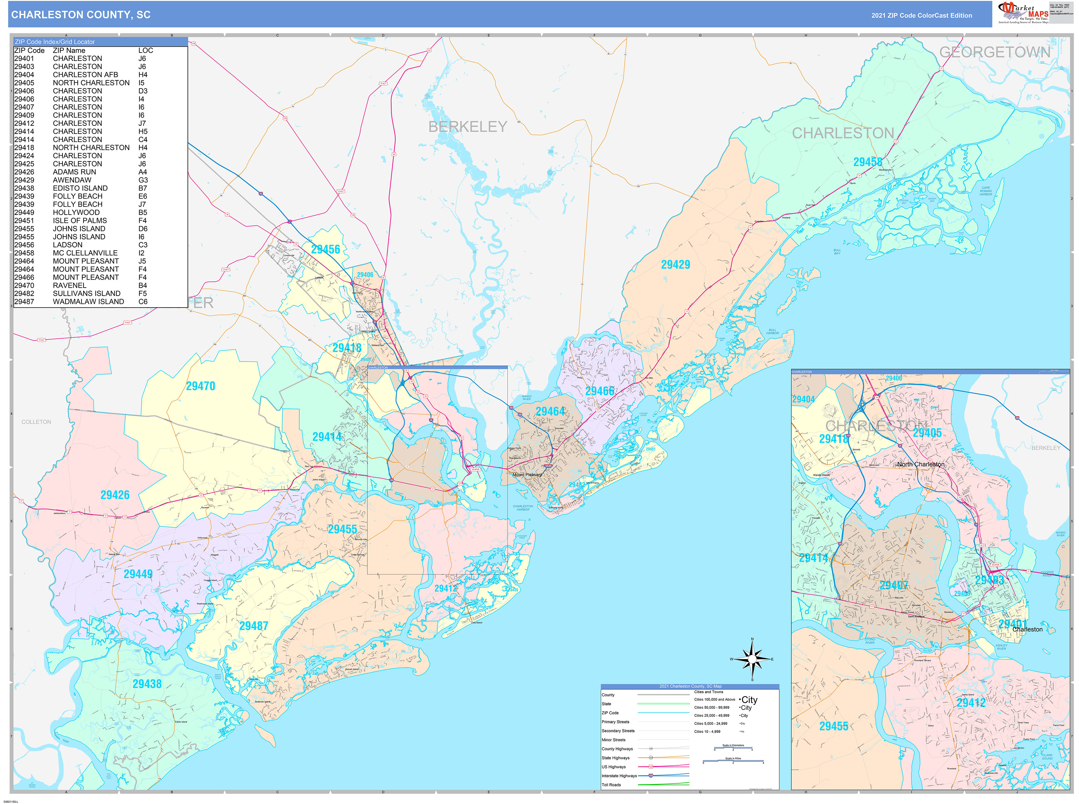 Charleston County, SC Wall Map Color Cast Style by MarketMAPS