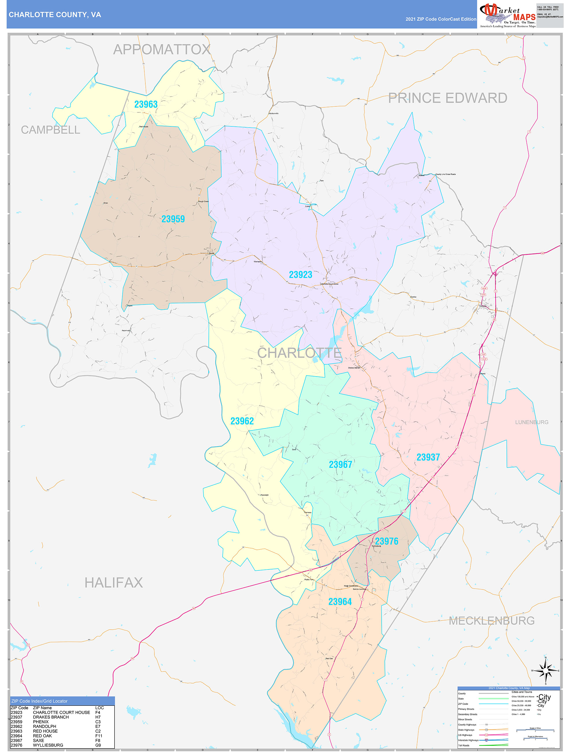 Charlotte County, VA Wall Map Color Cast Style by MarketMAPS - MapSales.com