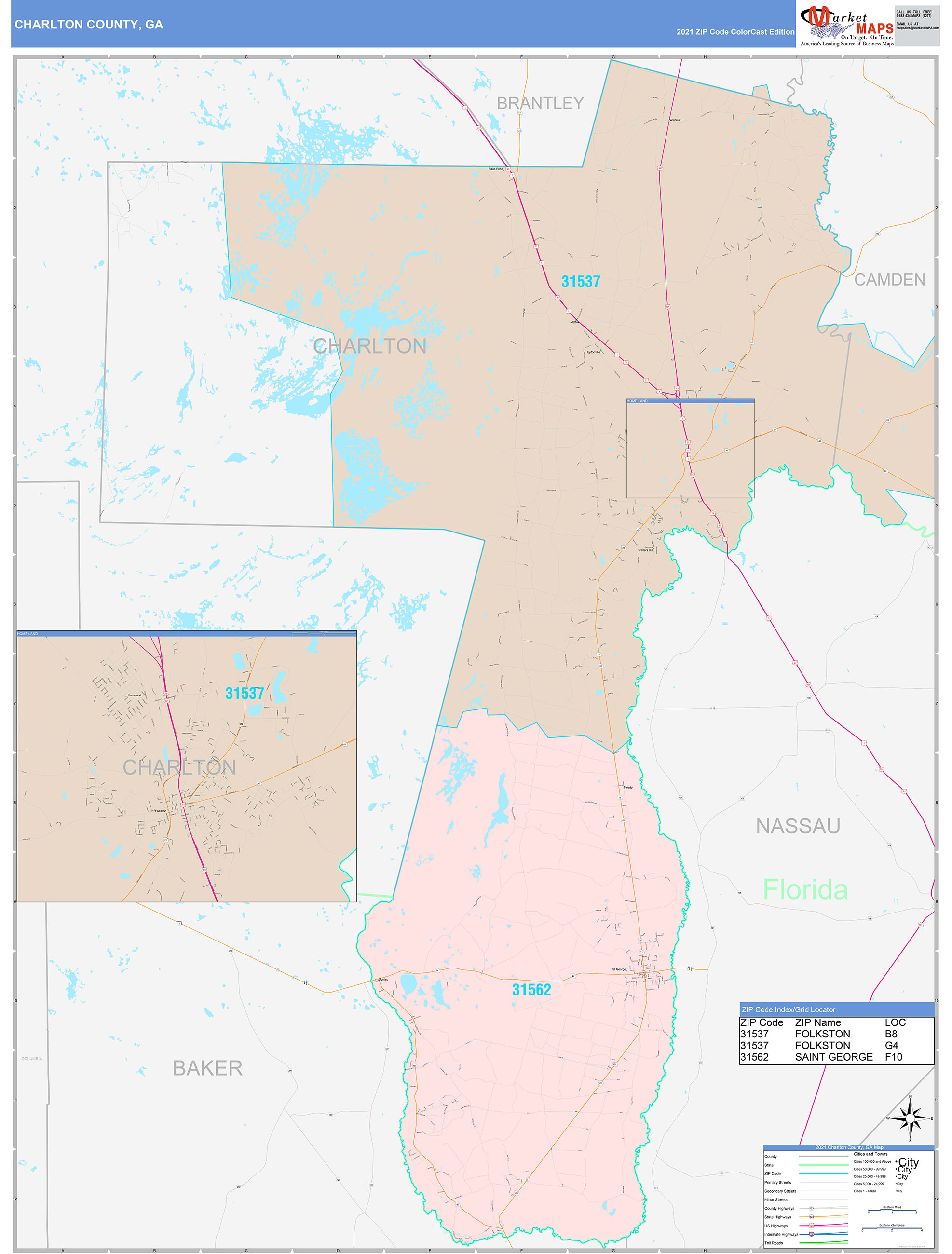 Charlton County, GA Wall Map Color Cast Style by MarketMAPS