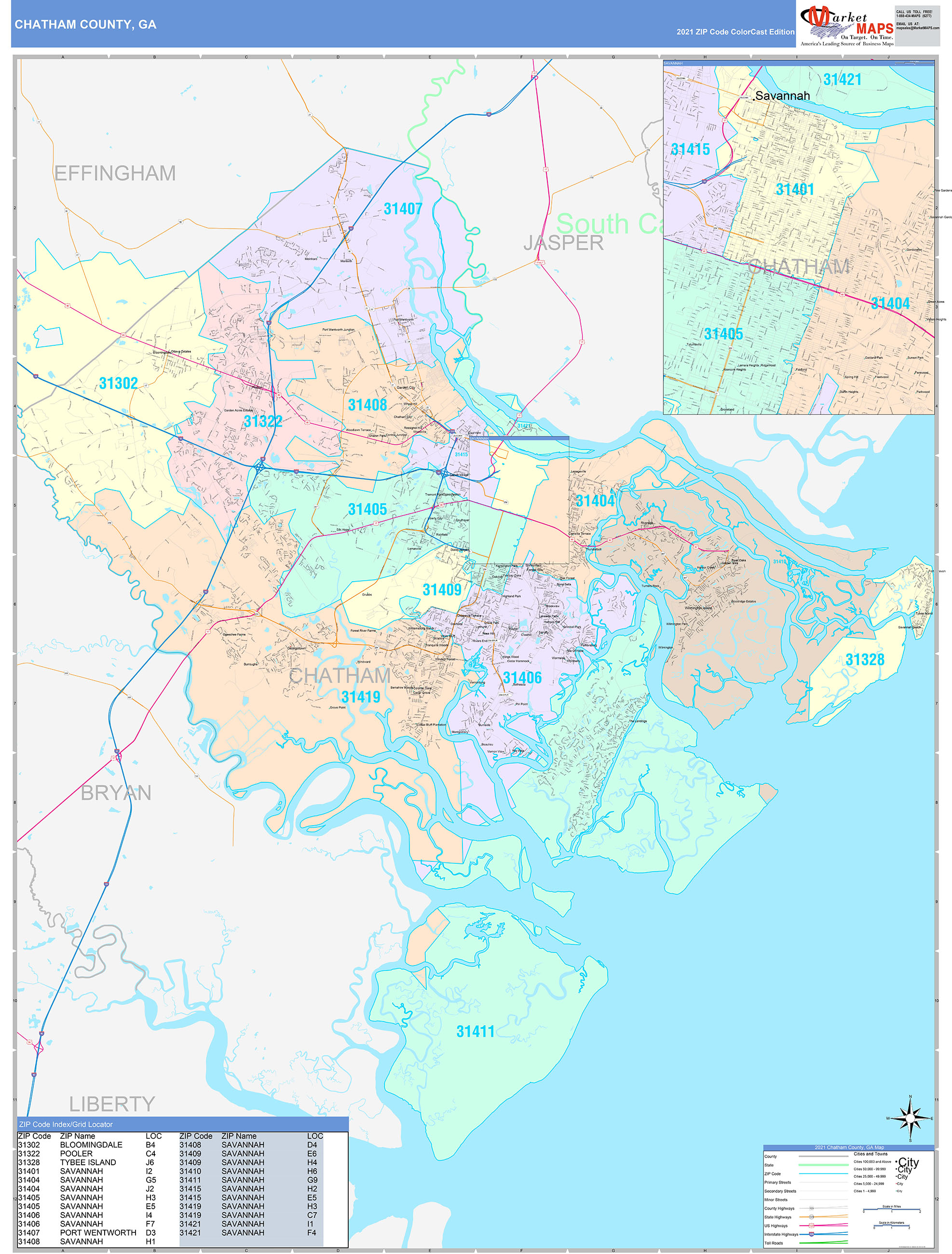 Chatham County, GA Wall Map Color Cast Style by MarketMAPS - MapSales.com