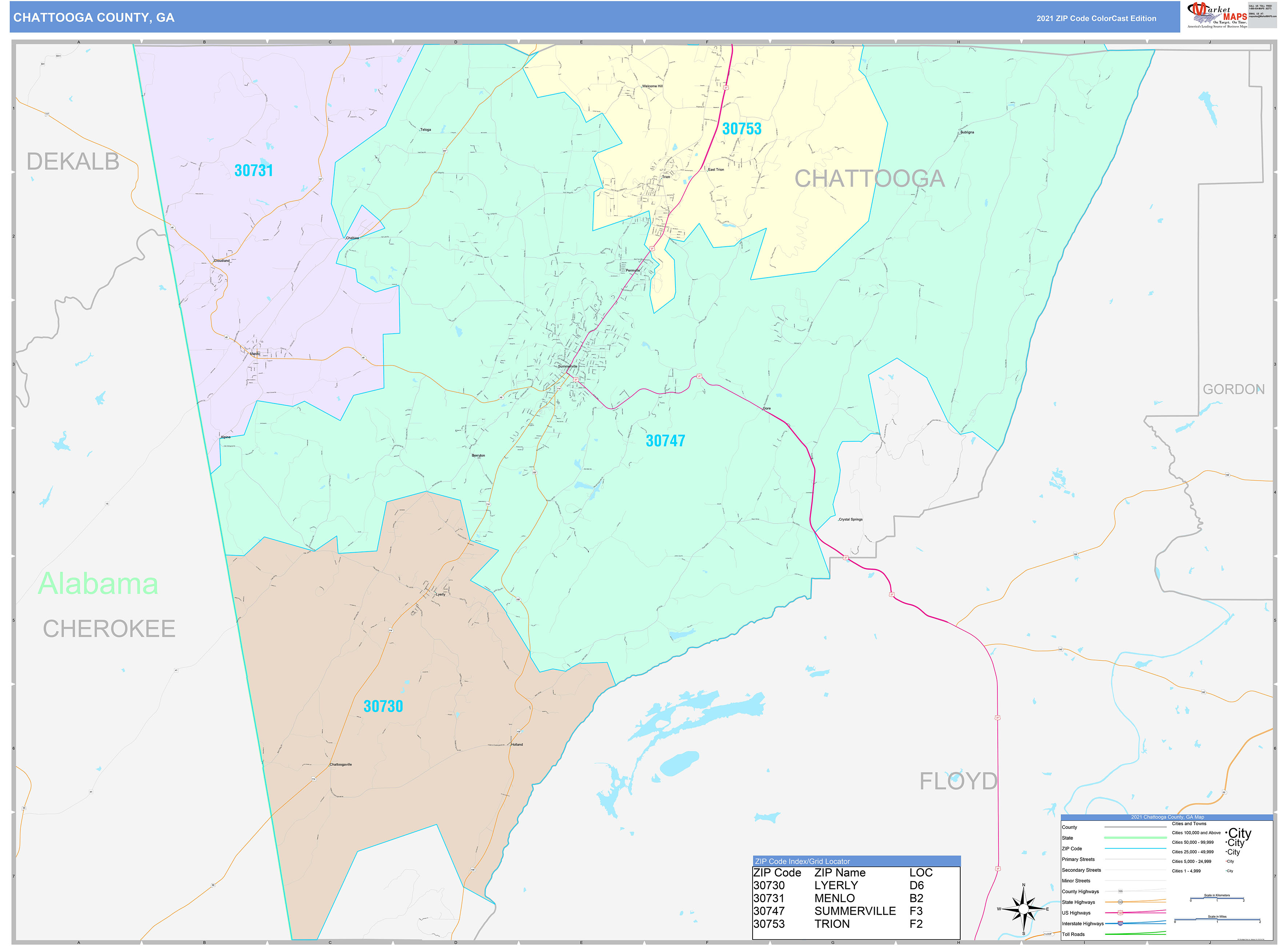 Chattooga County, GA Wall Map Color Cast Style by MarketMAPS - MapSales