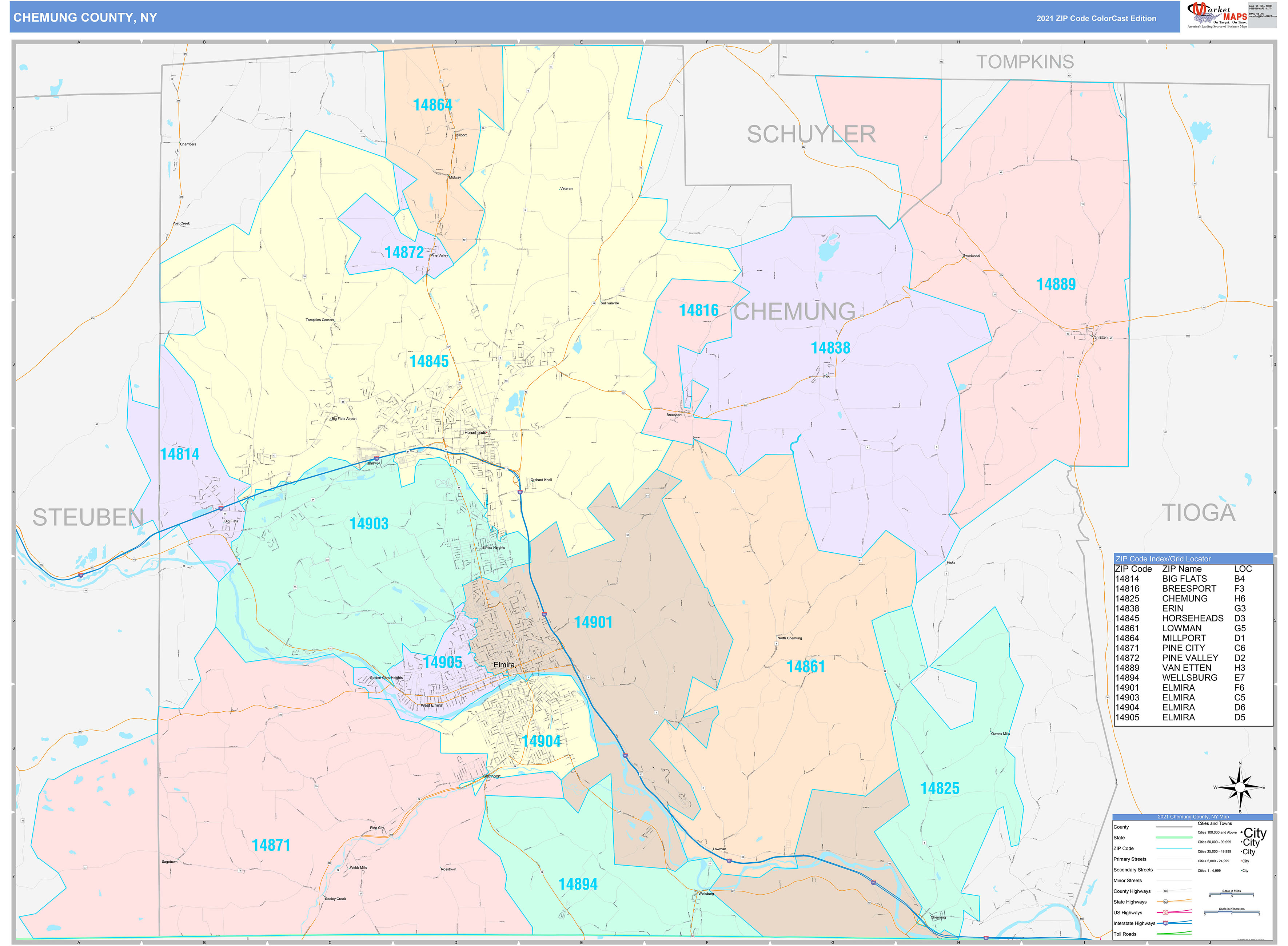 Chemung County, NY Wall Map Color Cast Style by MarketMAPS - MapSales.com