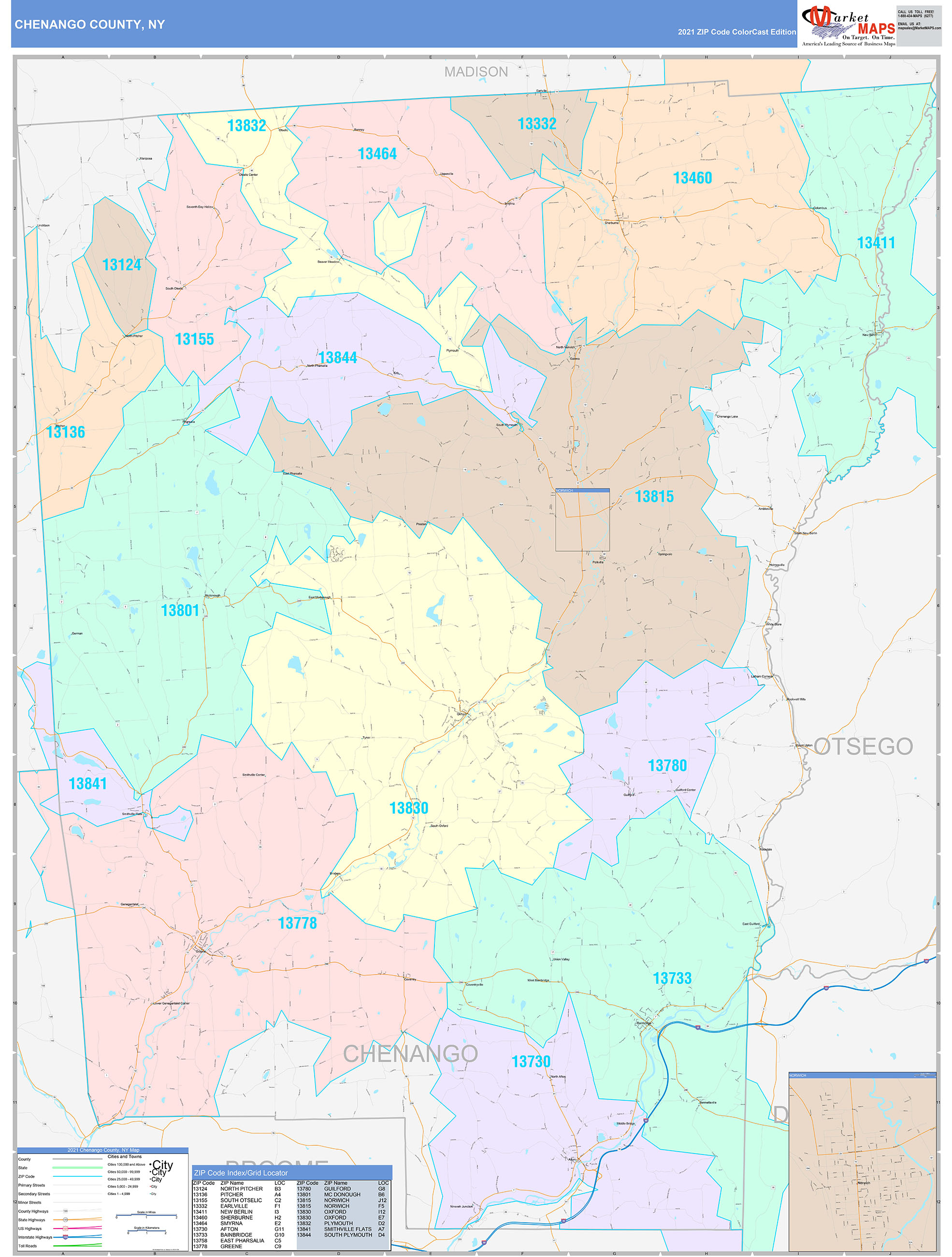 Chenango County, NY Wall Map Color Cast Style by MarketMAPS - MapSales