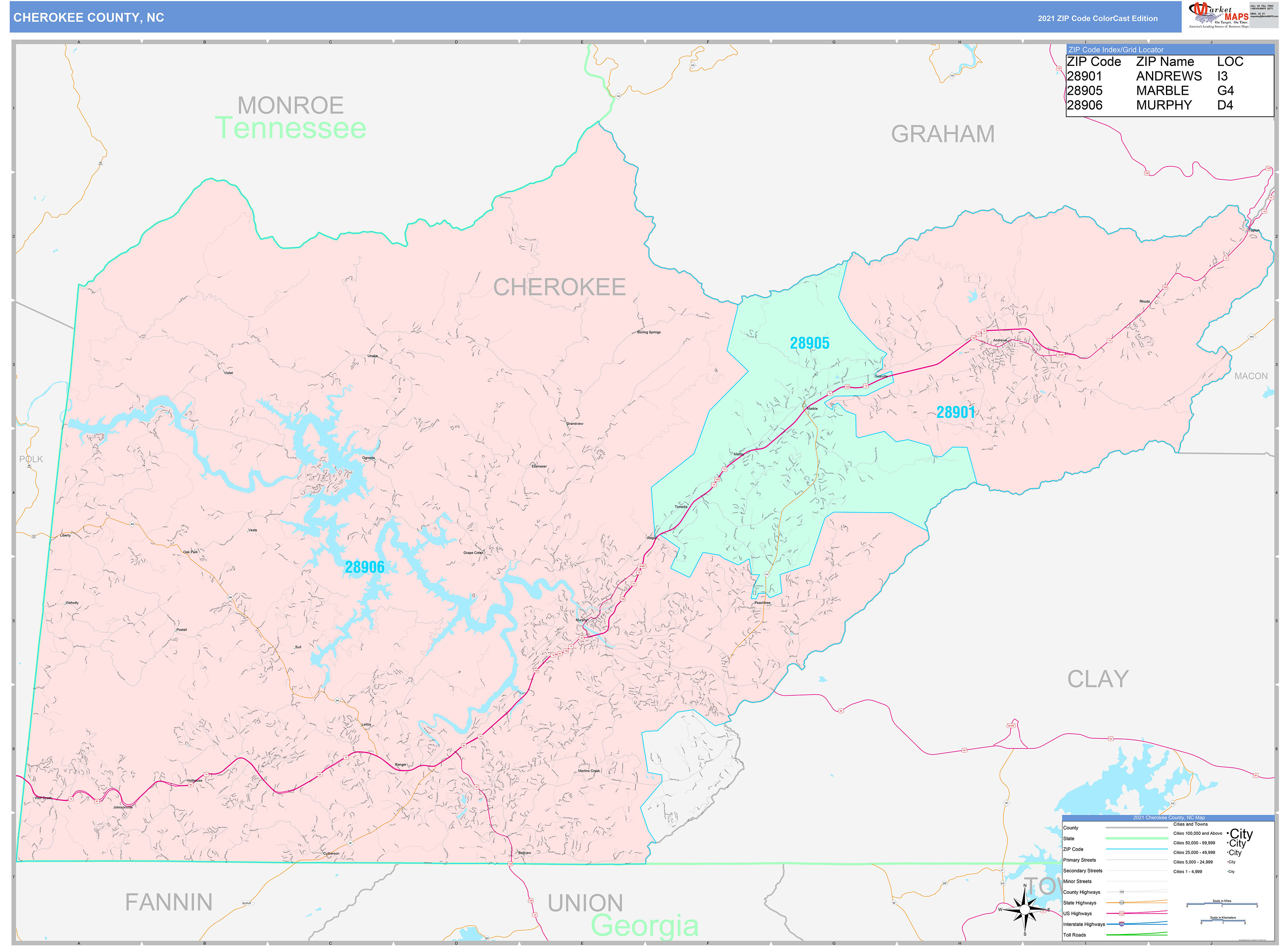 Cherokee County, NC Wall Map Color Cast Style by MarketMAPS - MapSales.com