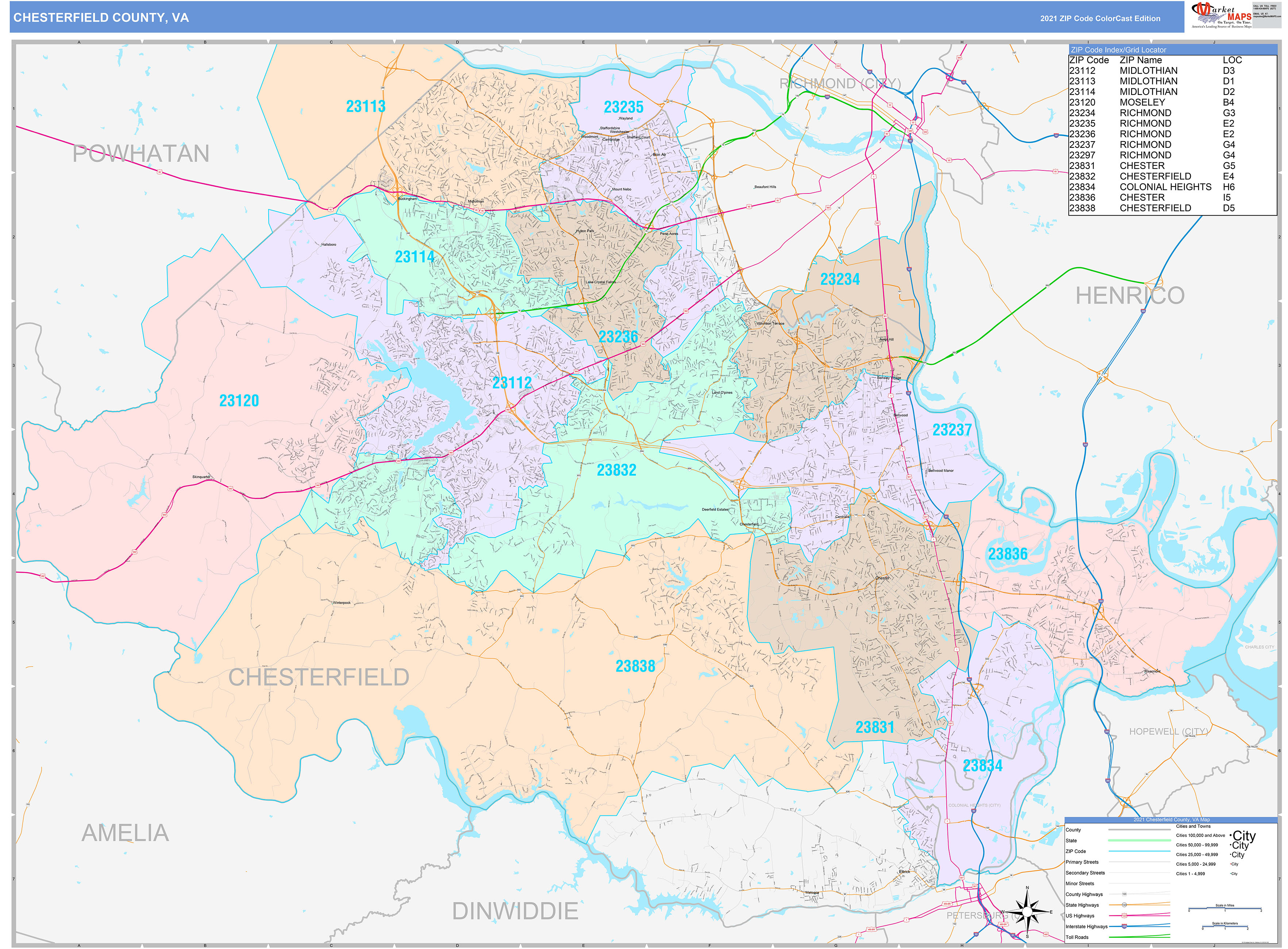 Chesterfield County, VA Wall Map Color Cast Style by MarketMAPS MapSales