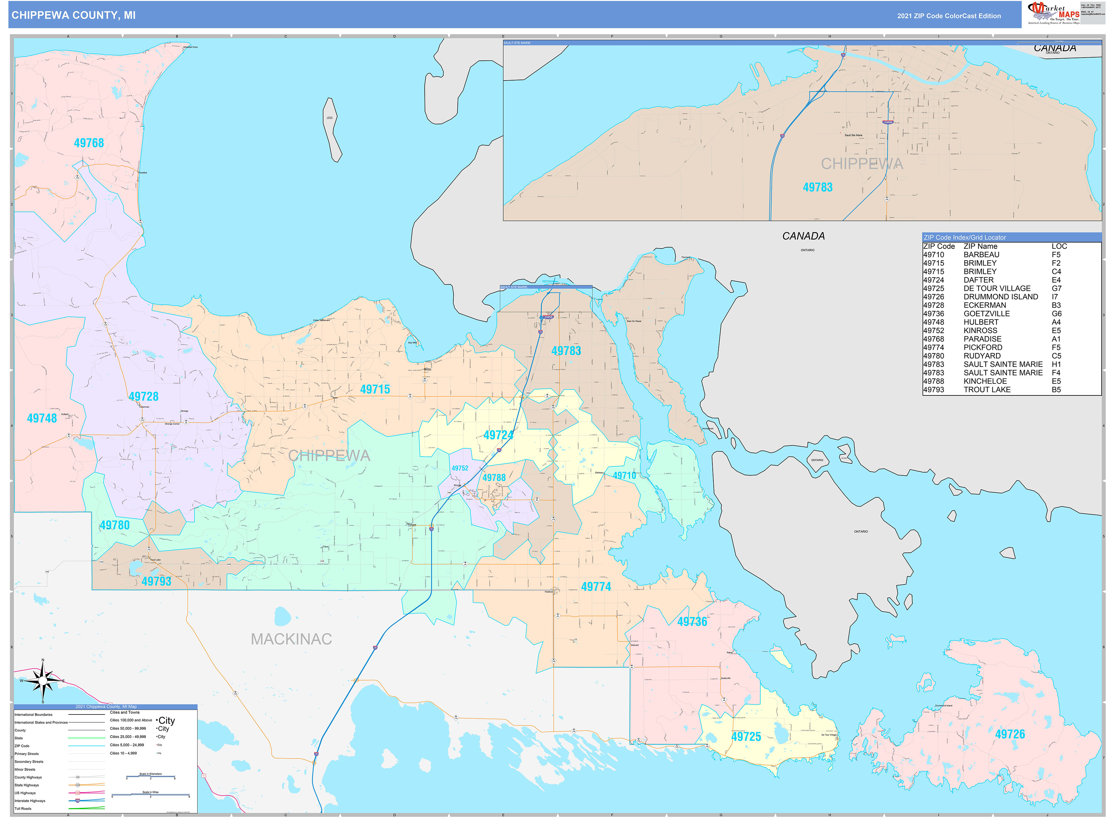 Chippewa County, MI Wall Map Color Cast Style by MarketMAPS - MapSales.com