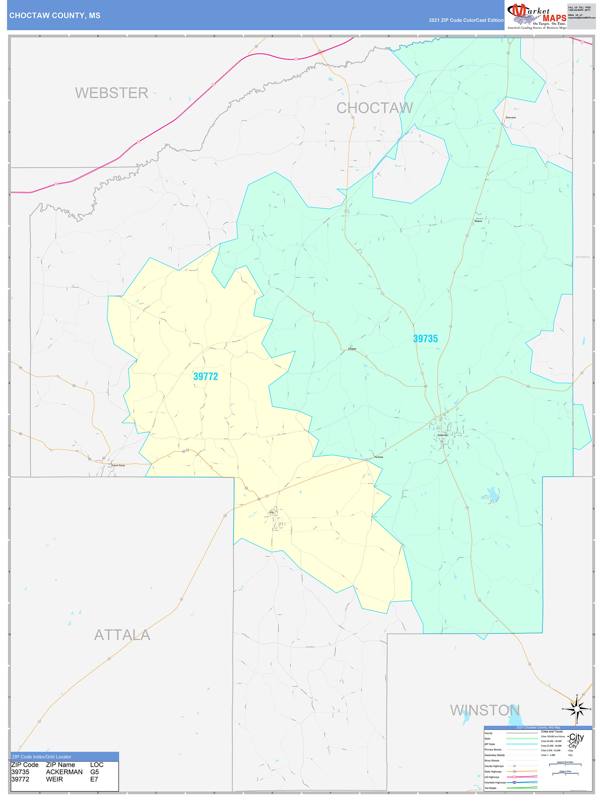 Choctaw County, MS Wall Map Color Cast Style by MarketMAPS - MapSales.com