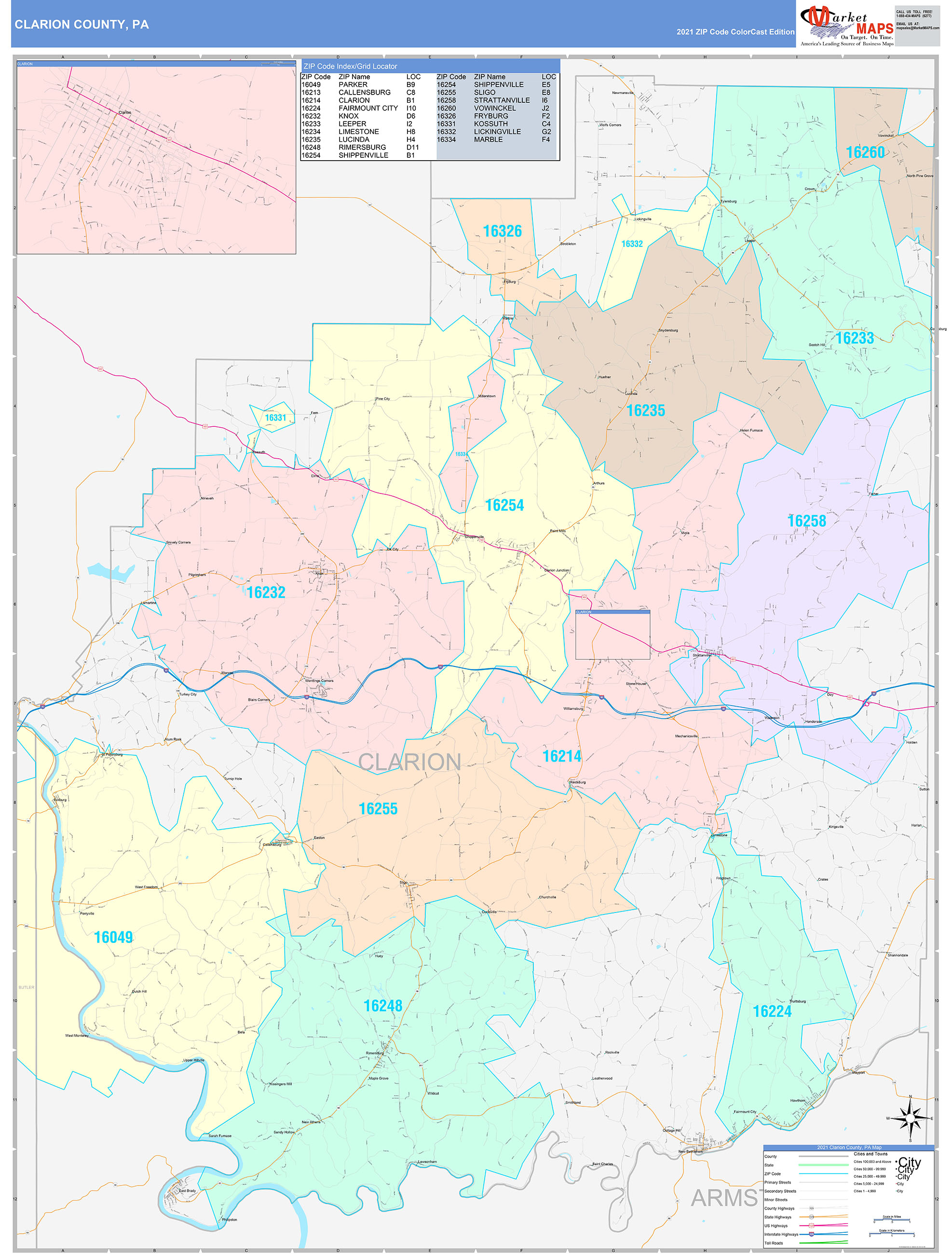 Clarion County, PA Wall Map Color Cast Style by MarketMAPS