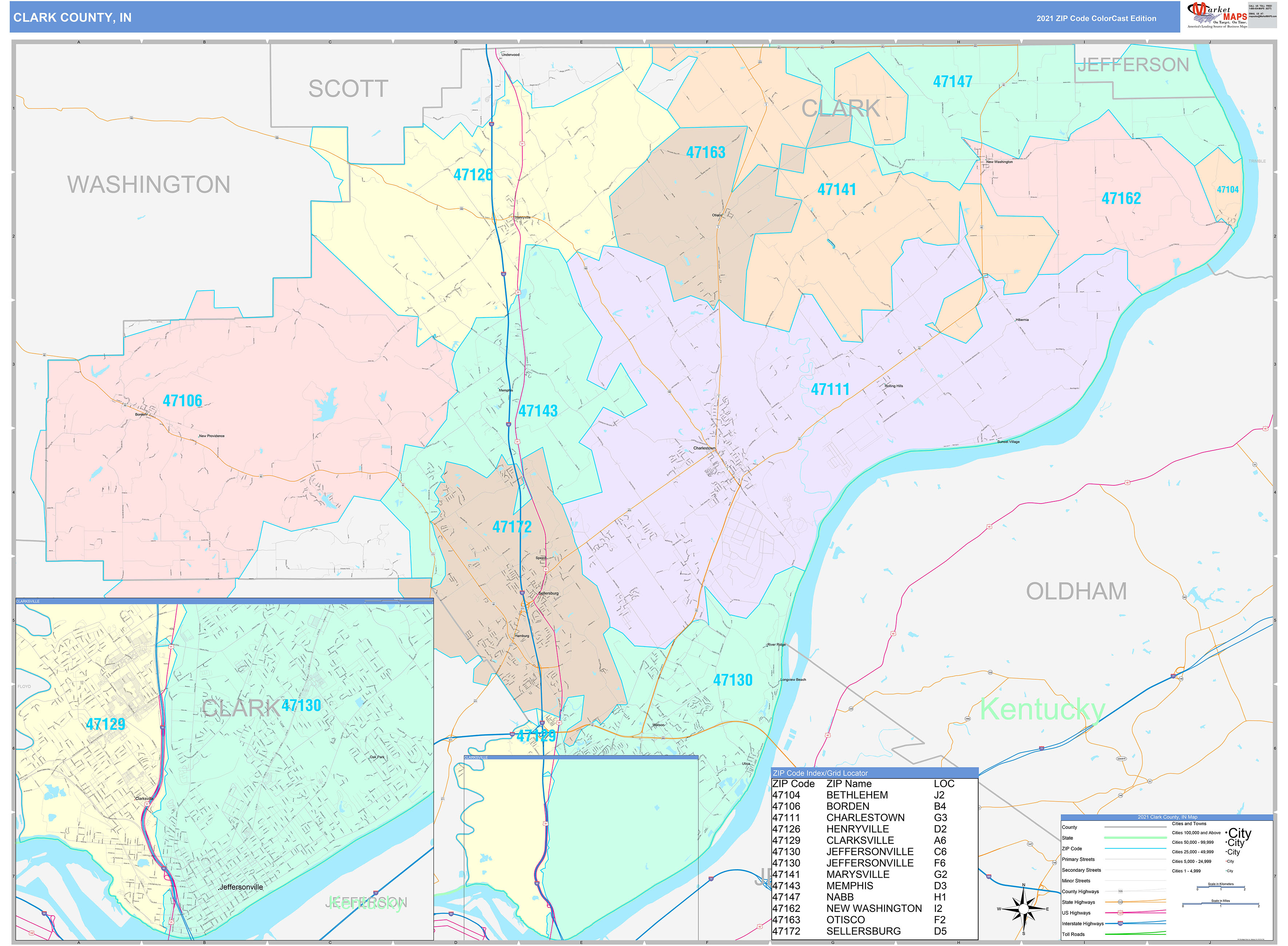 Clark County, IN Wall Map Color Cast Style by MarketMAPS - MapSales.com