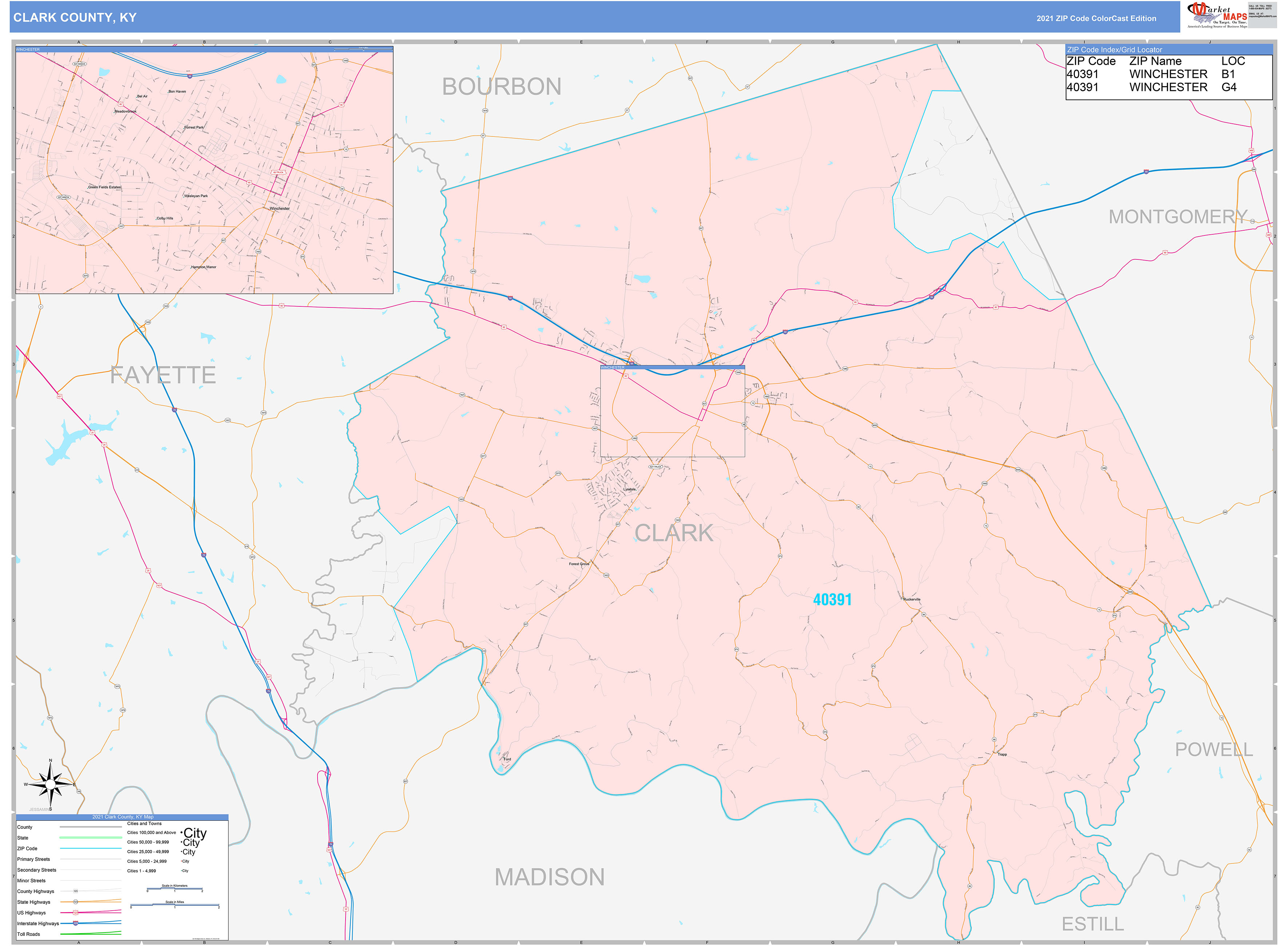 Clark County, KY Wall Map Color Cast Style by MarketMAPS - MapSales