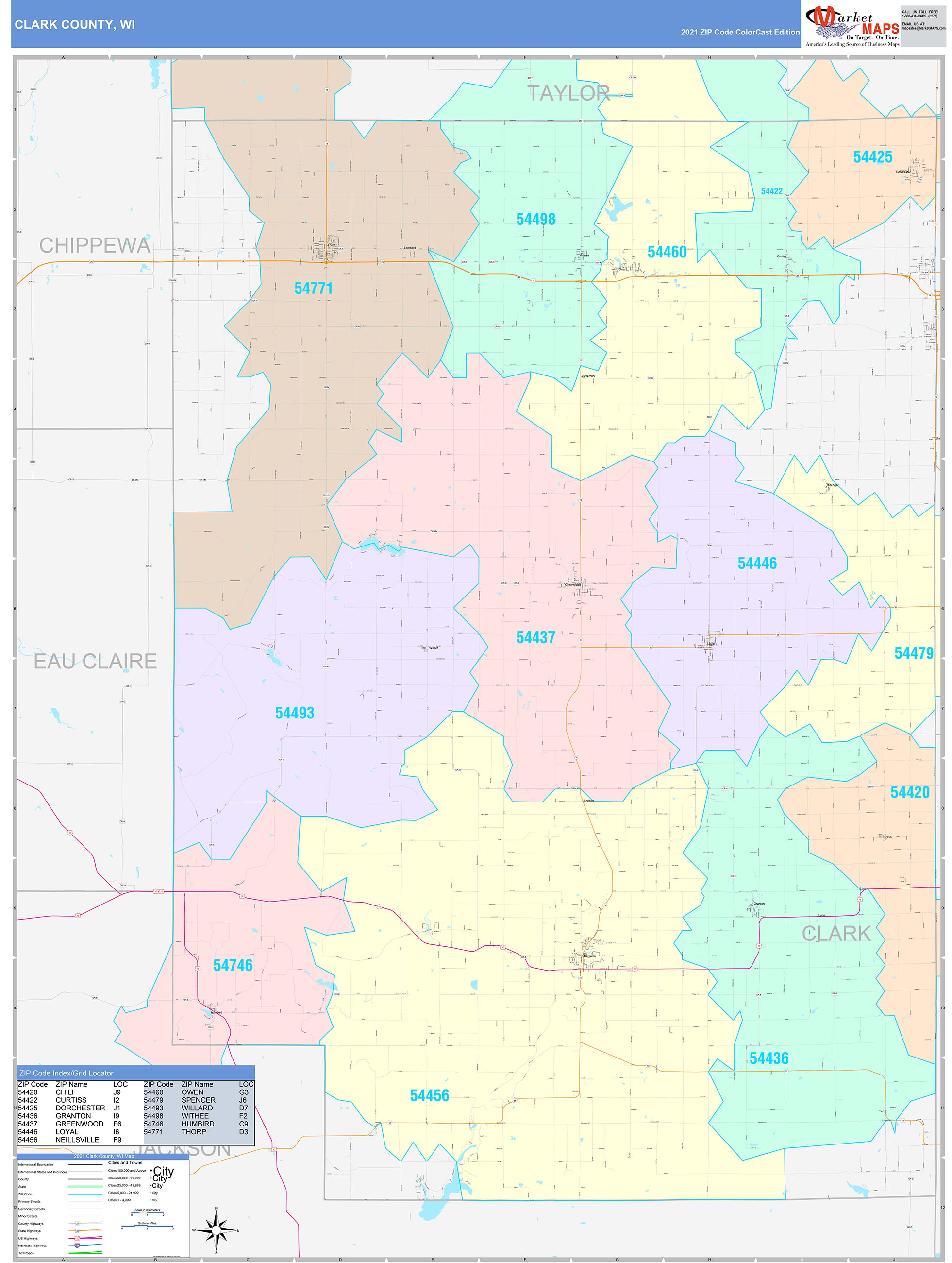 Clark County, WI Wall Map Color Cast Style by MarketMAPS