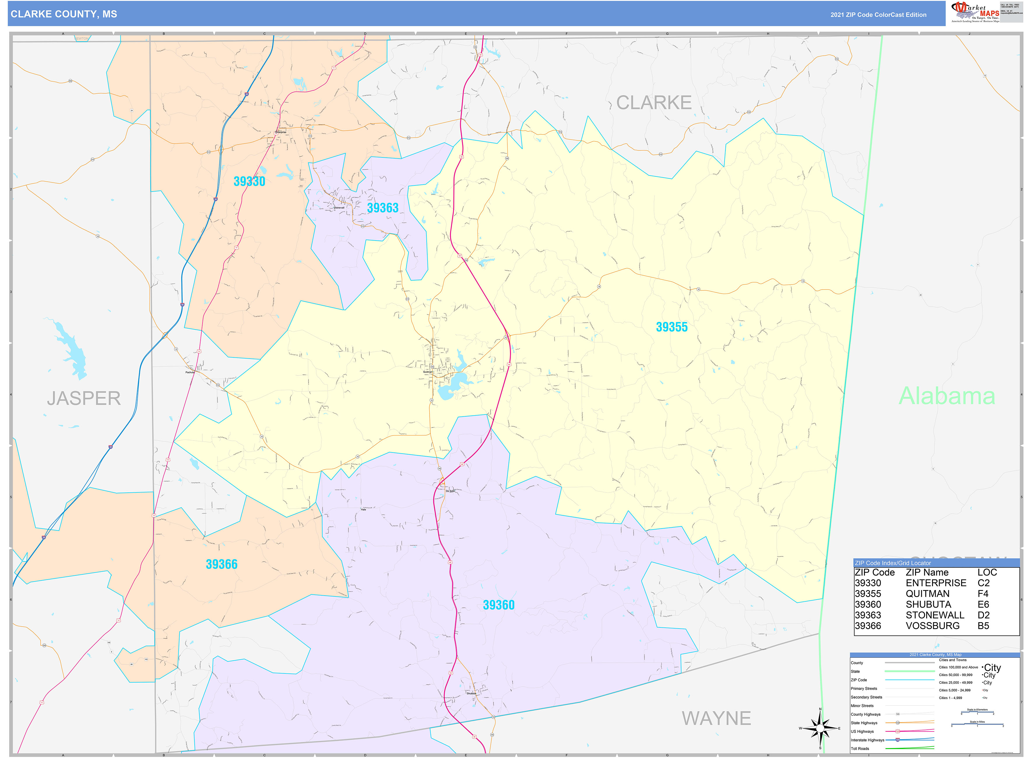 Clarke County, MS Wall Map Color Cast Style by MarketMAPS