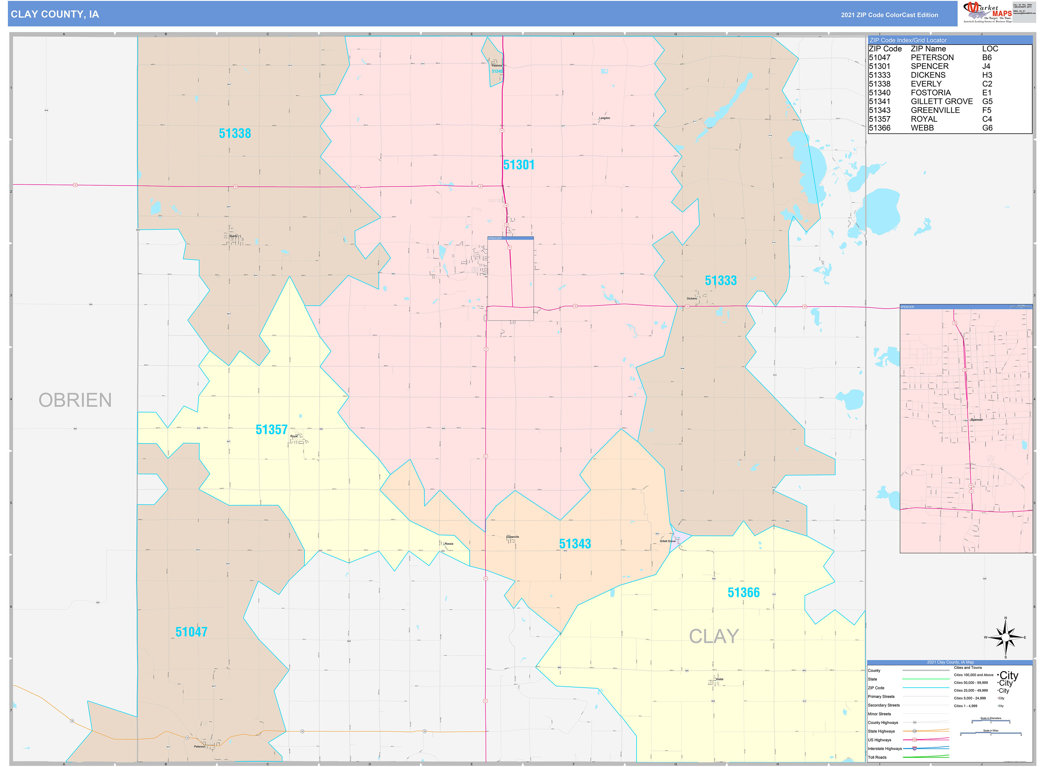 Clay County, IA Wall Map Color Cast Style by MarketMAPS - MapSales.com