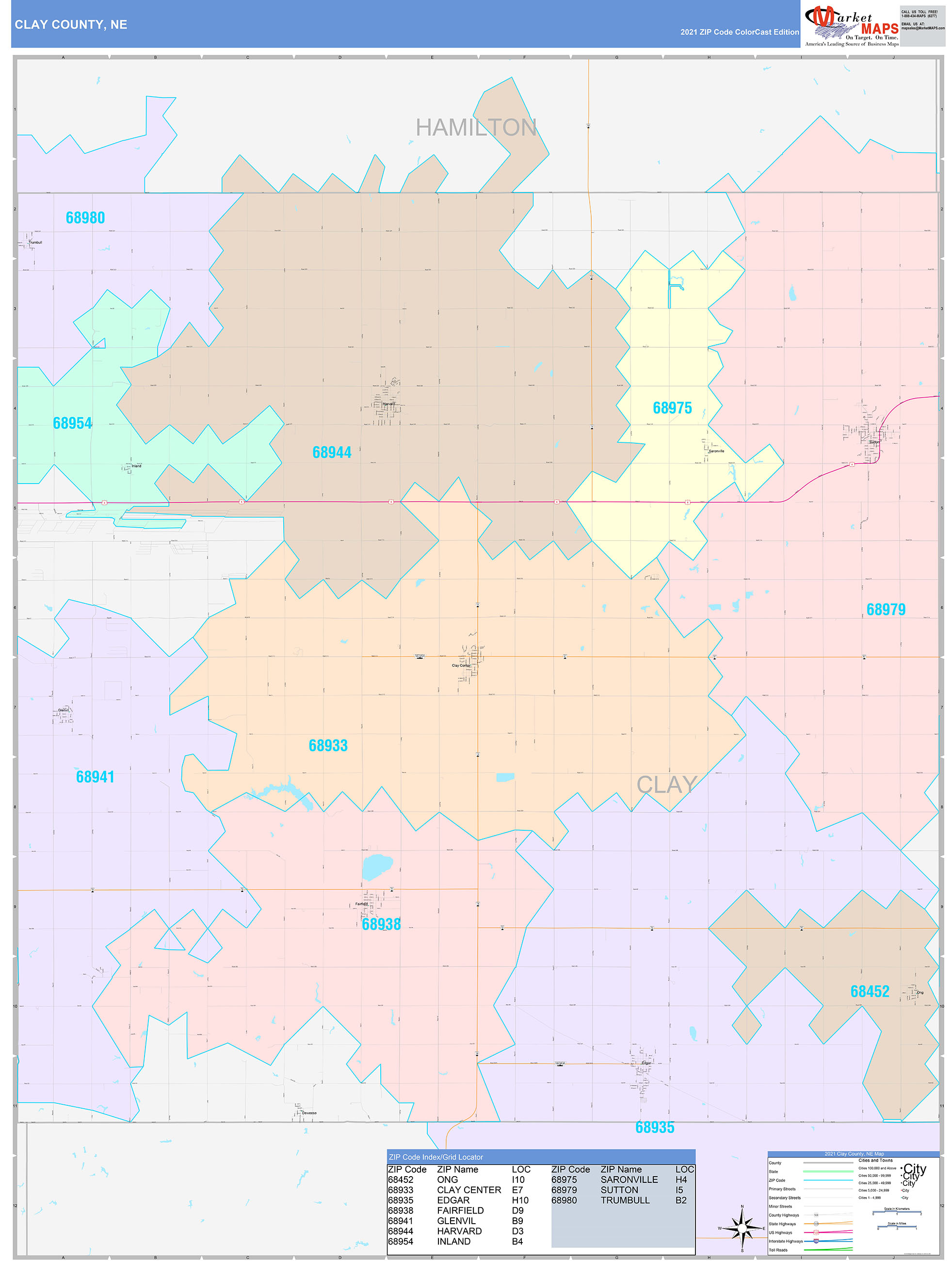 Clay County, NE Wall Map Color Cast Style by MarketMAPS - MapSales.com