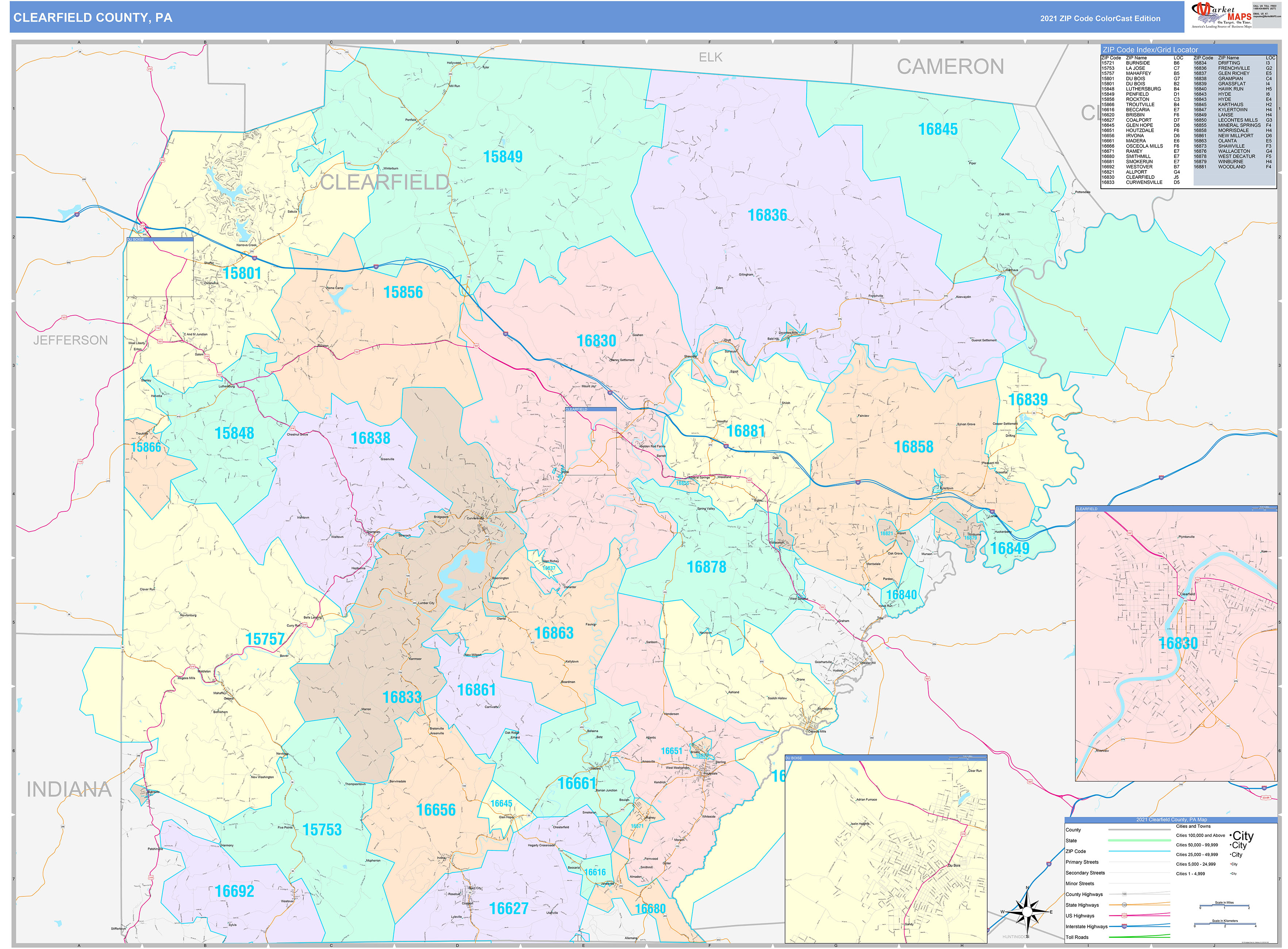 Clearfield County, PA Wall Map Color Cast Style by MarketMAPS - MapSales