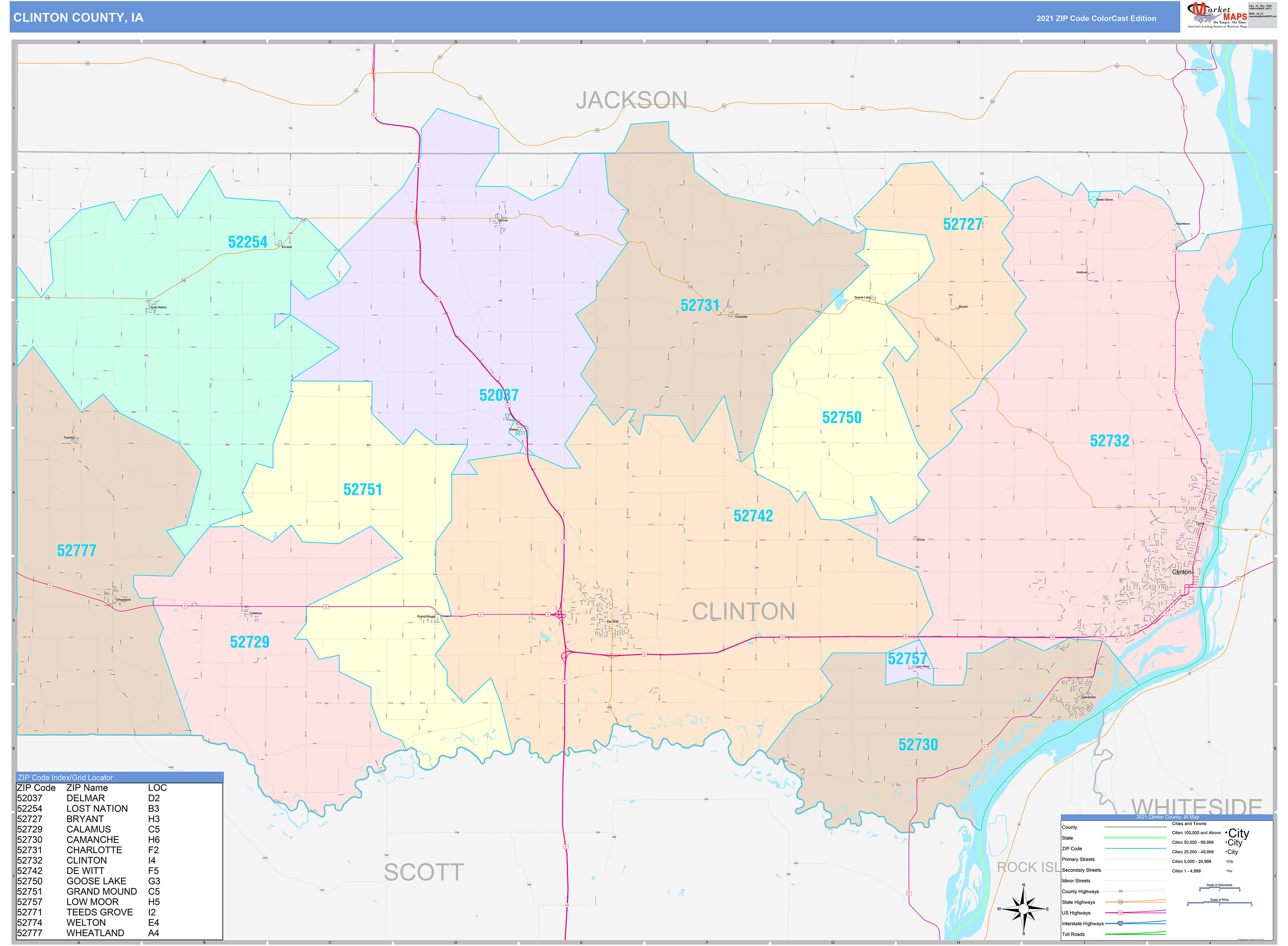 Clinton County, IA Wall Map Color Cast Style by MarketMAPS