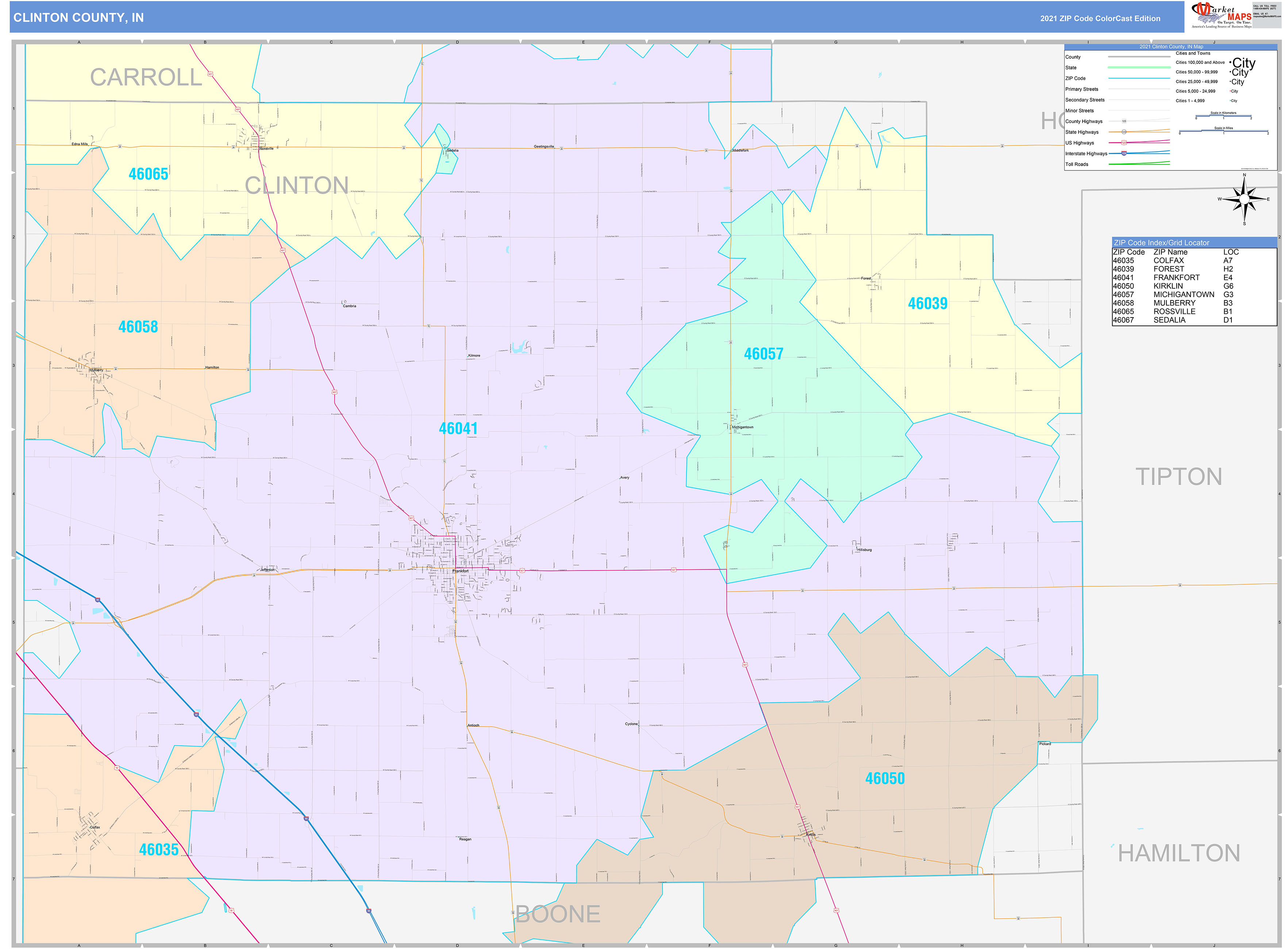 Clinton County, IN Wall Map Color Cast Style by MarketMAPS