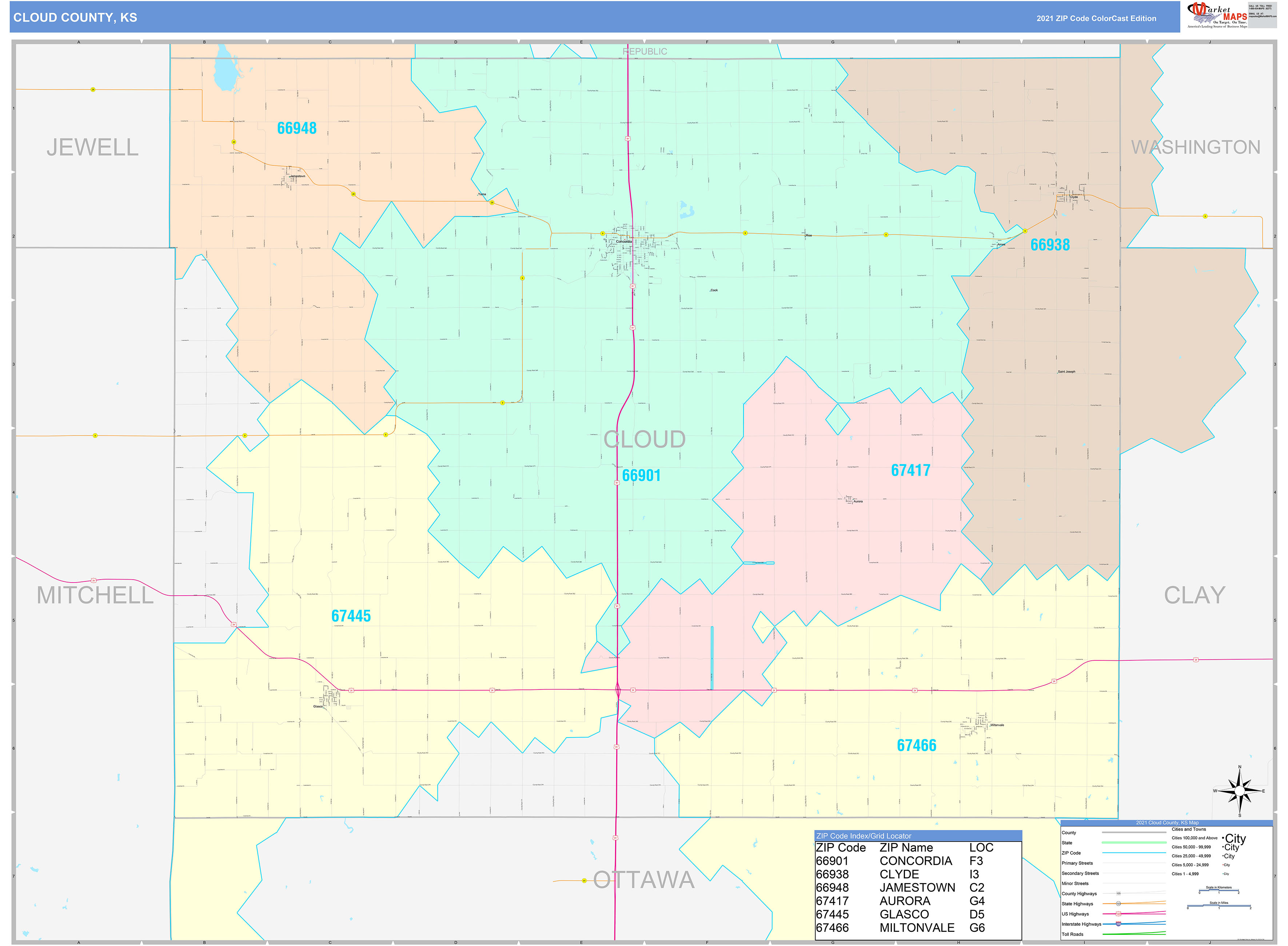 Cloud County, KS Wall Map Color Cast Style by MarketMAPS - MapSales.com