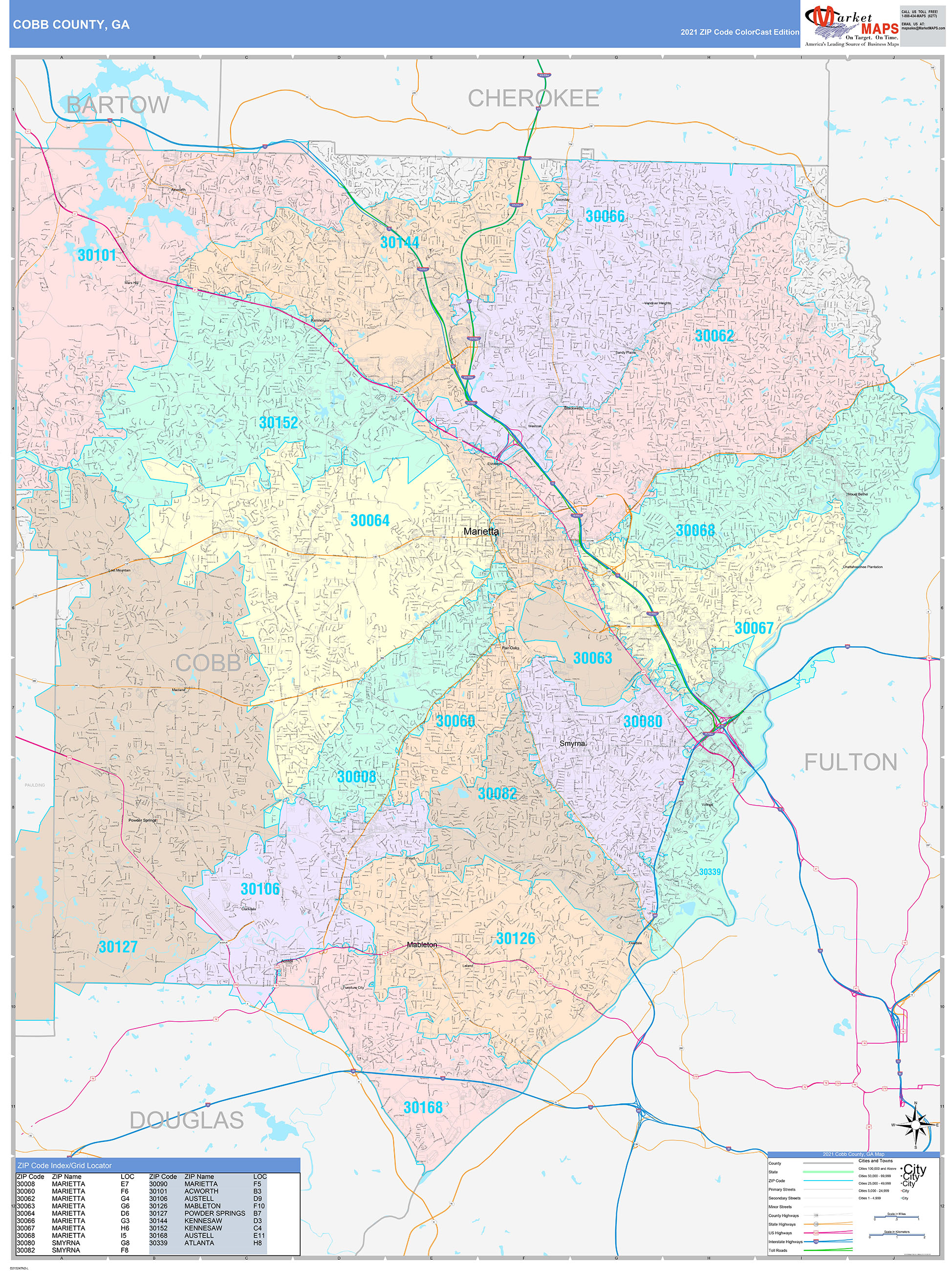 Cobb County, GA Wall Map Color Cast Style by MarketMAPS MapSales