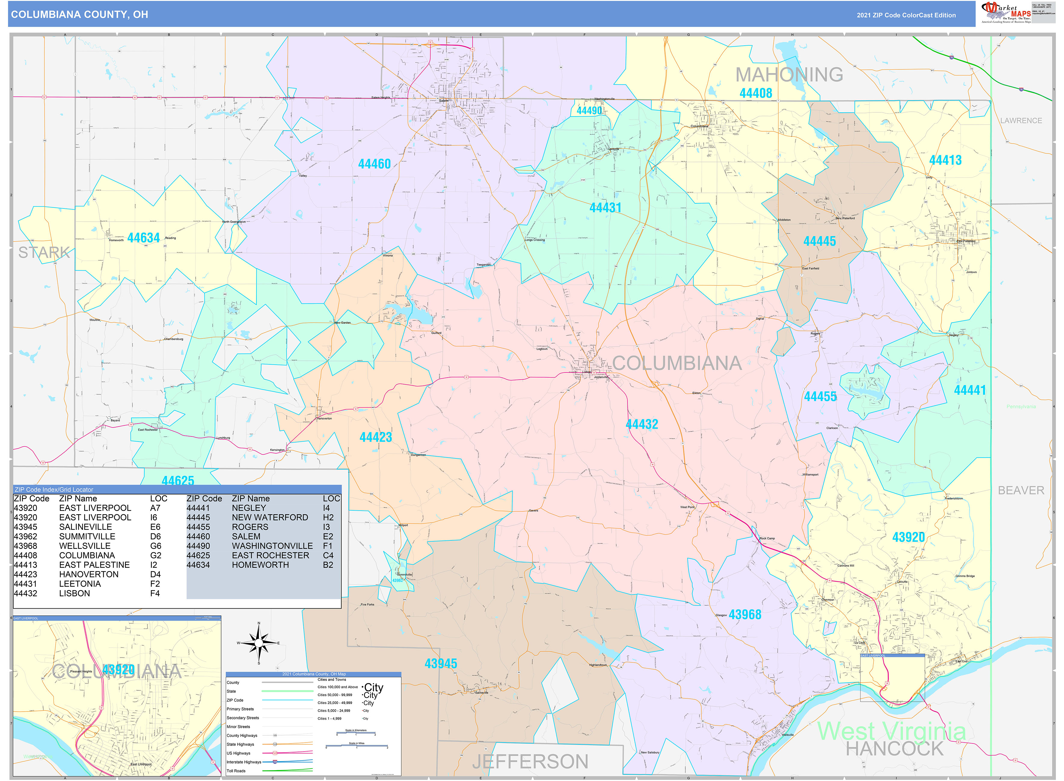 Columbiana County, OH Wall Map Color Cast Style by MarketMAPS ...