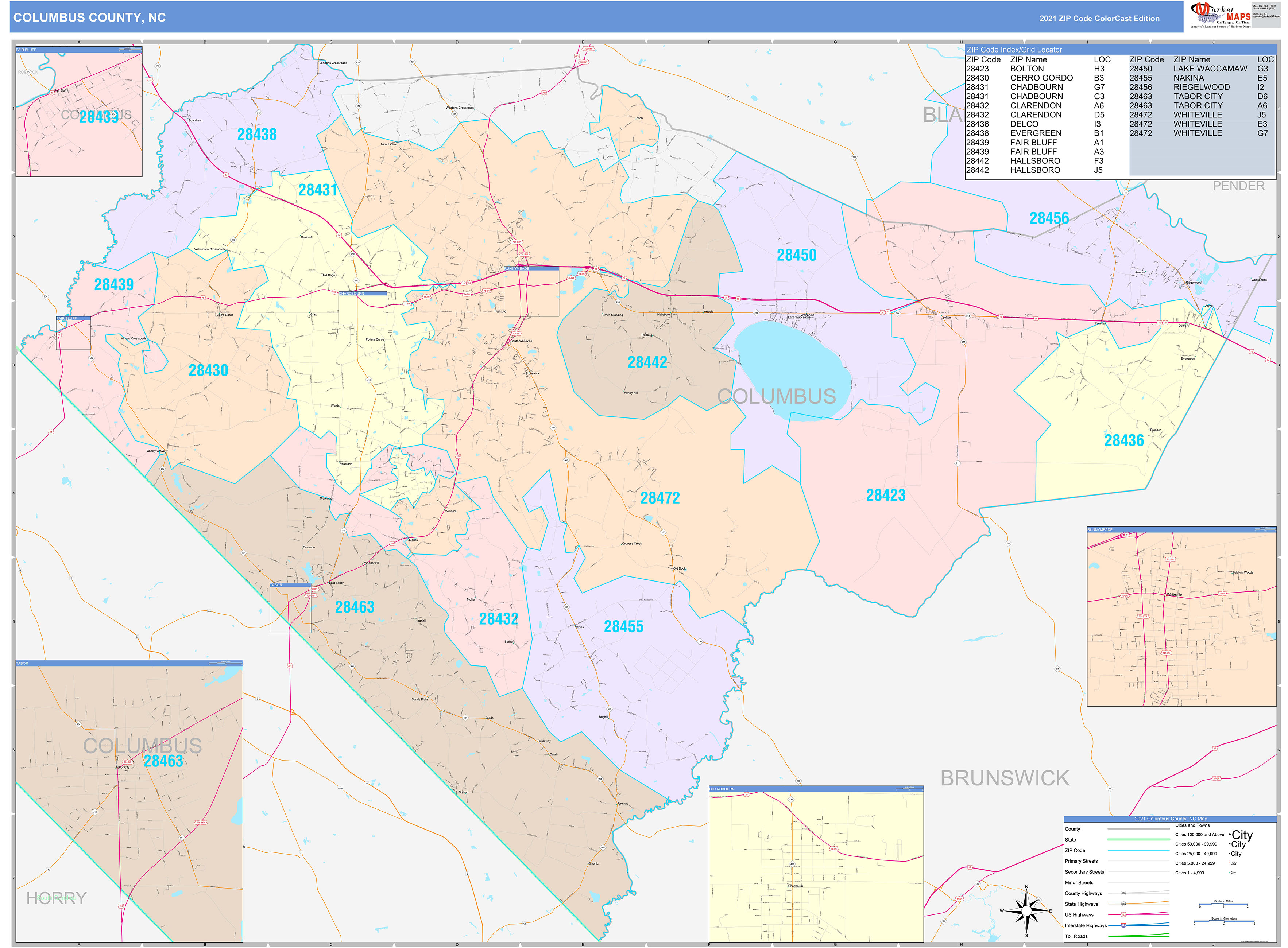 Columbus County, NC Wall Map Color Cast Style by MarketMAPS