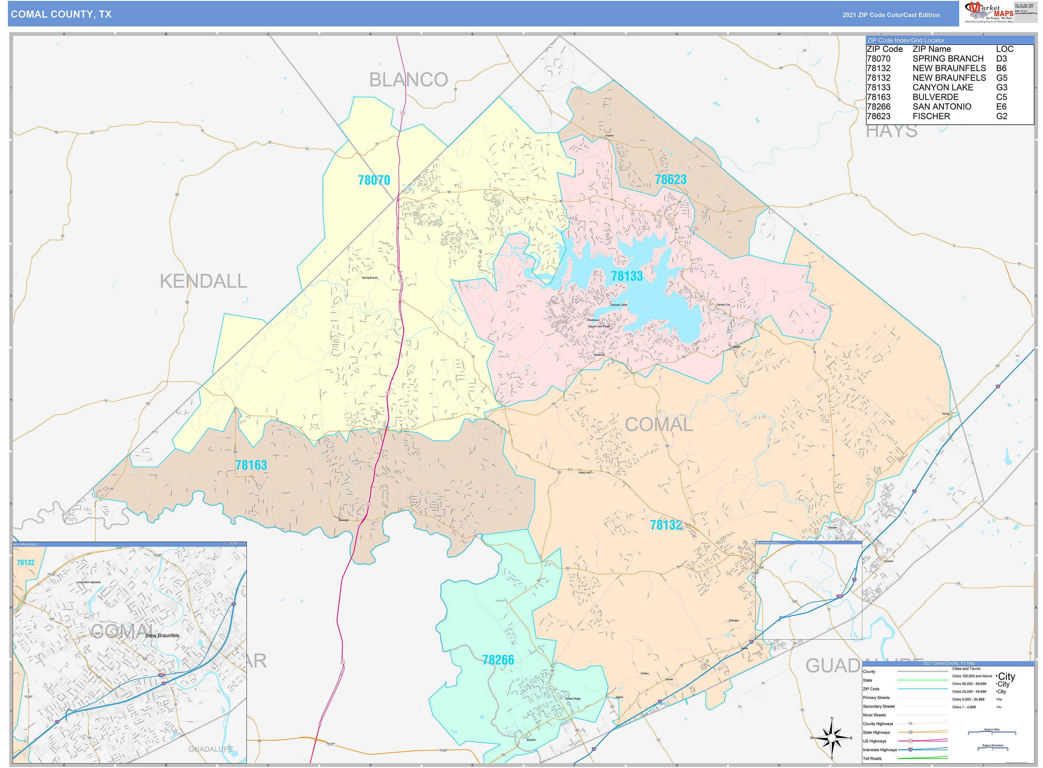 Comal County TX Wall Map Color Cast Style by MarketMAPS