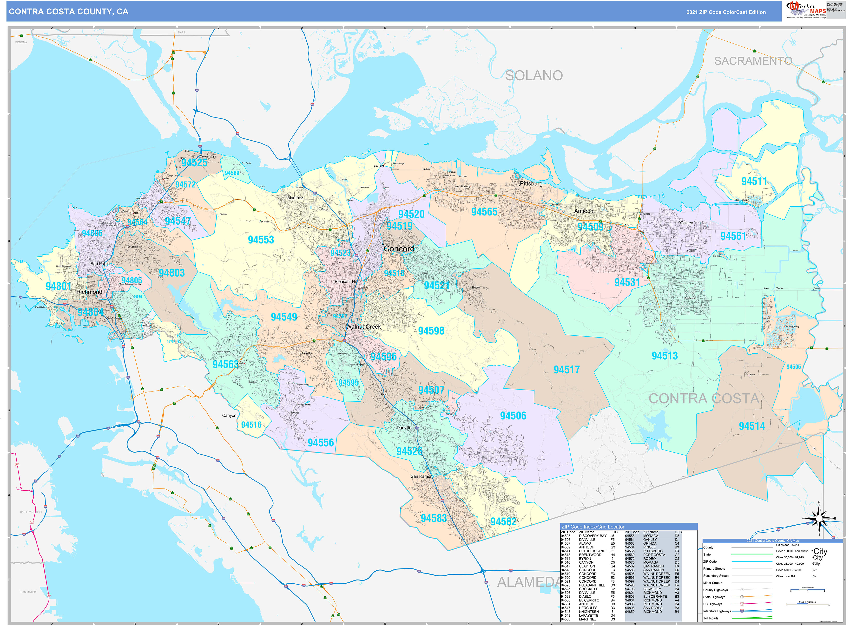 Contra Costa County, CA Wall Map Color Cast Style by MarketMAPS ...