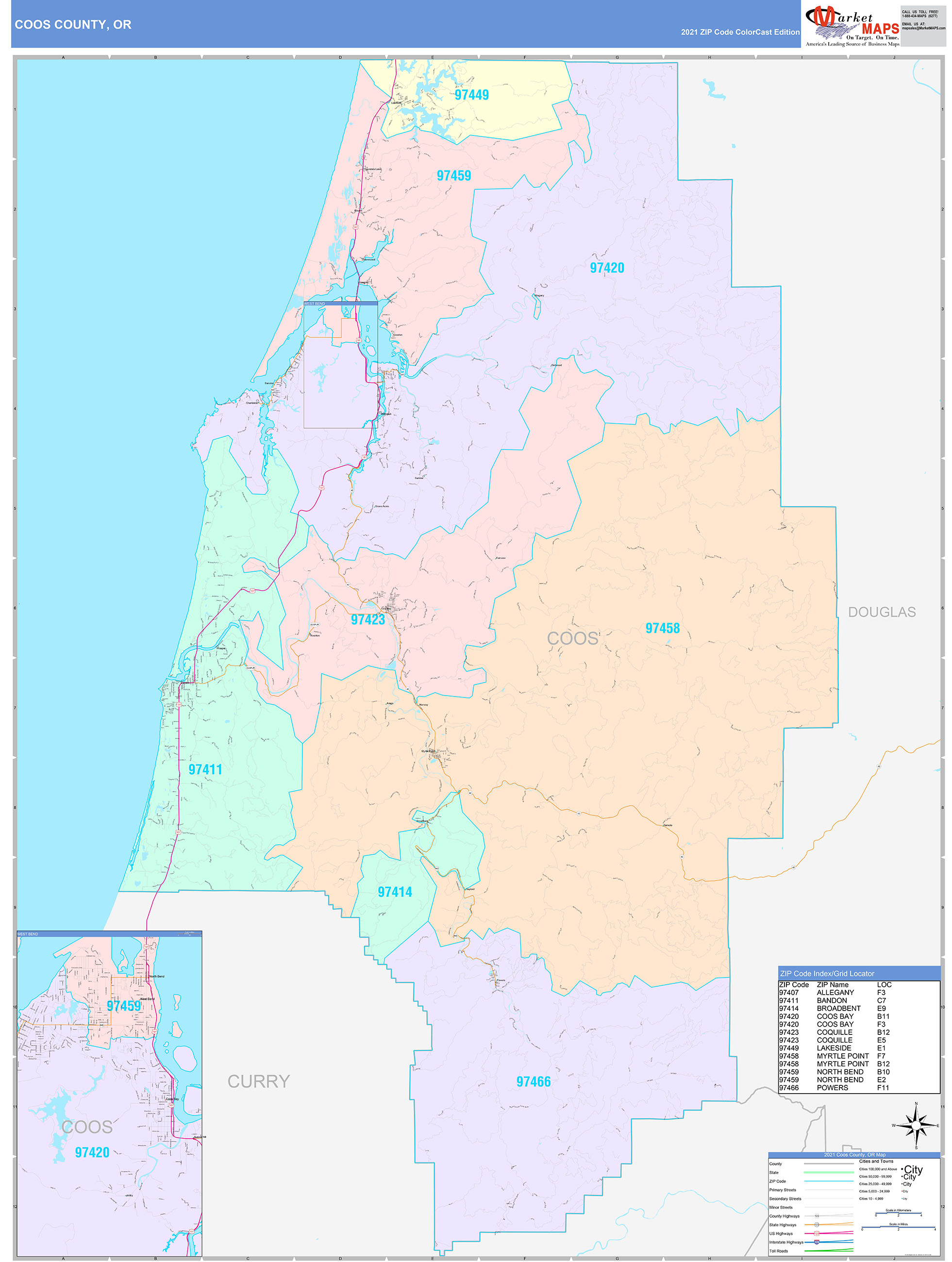 Coos County, OR Wall Map Color Cast Style by MarketMAPS