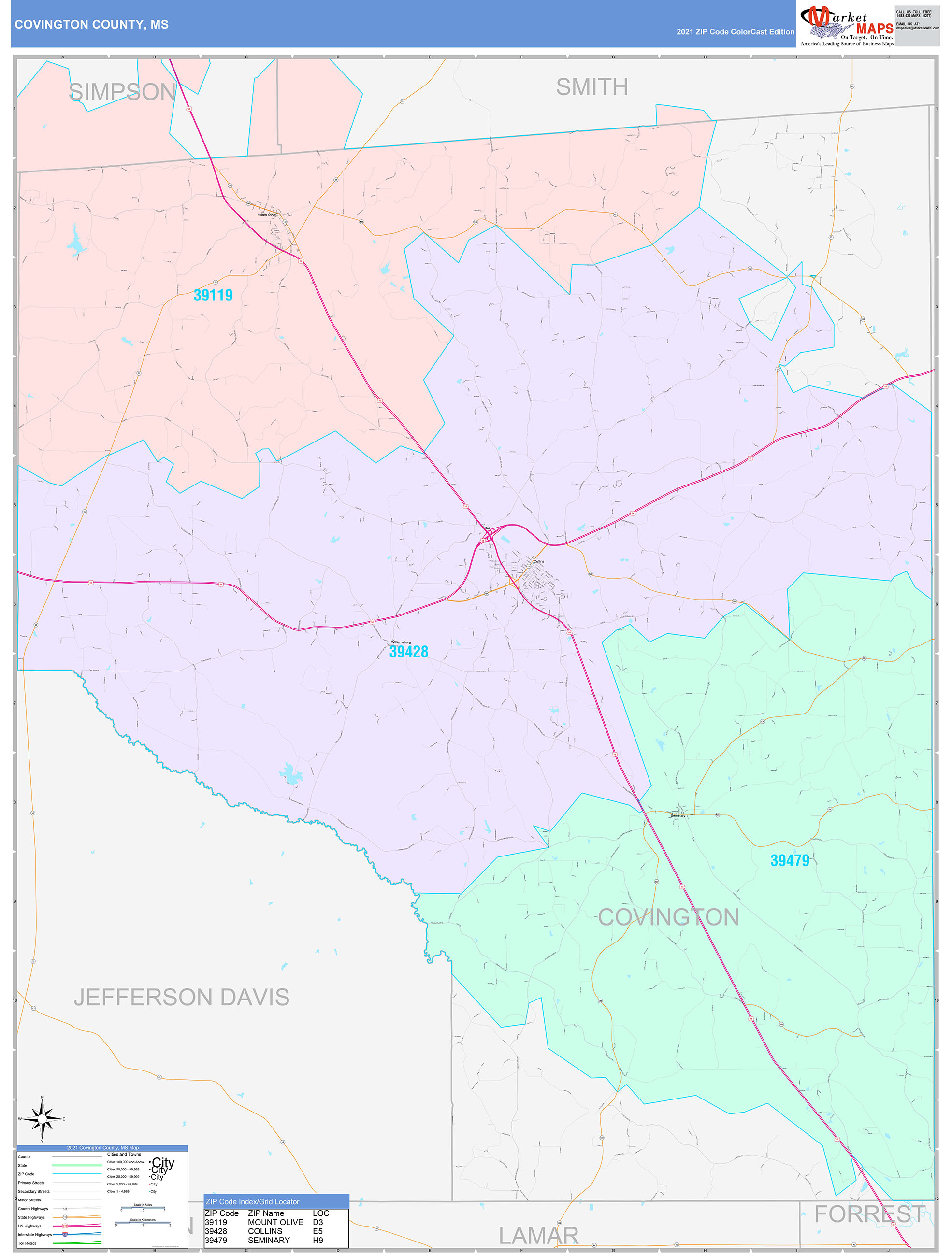 Covington County, MS Wall Map Color Cast Style by MarketMAPS - MapSales.com