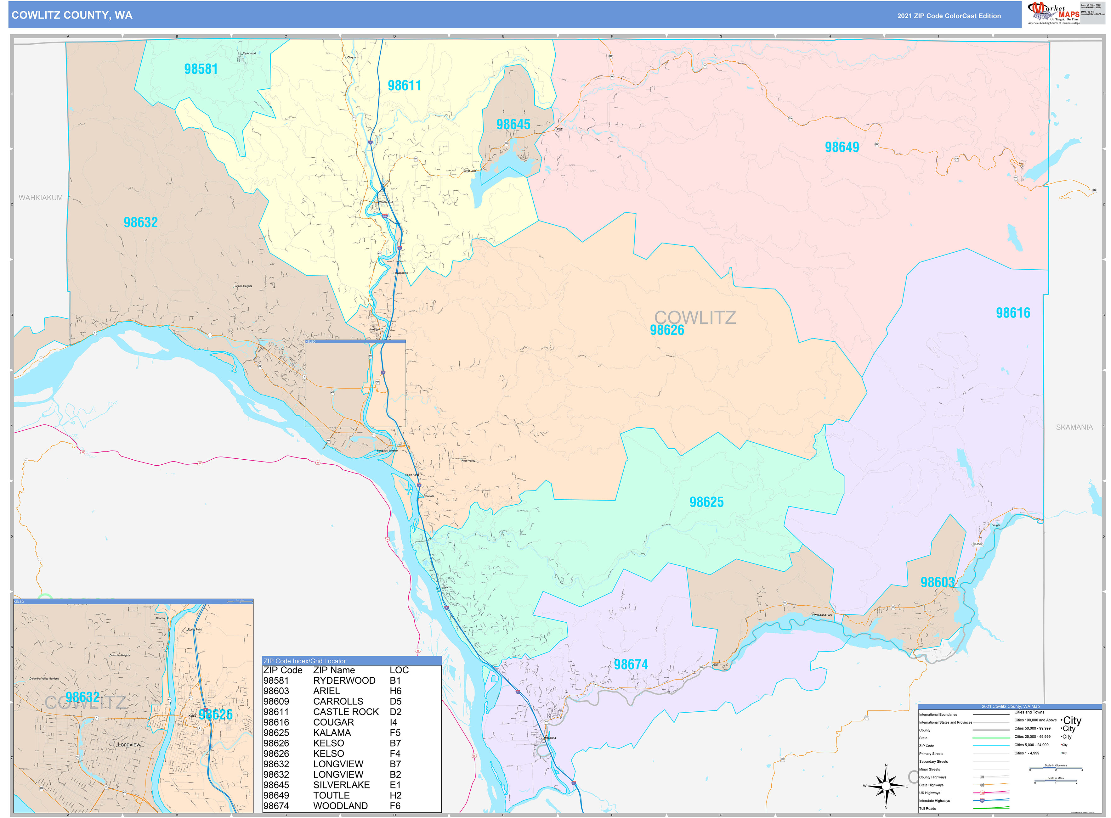 Cowlitz County WA Wall Map Color Cast Style by MarketMAPS MapSales