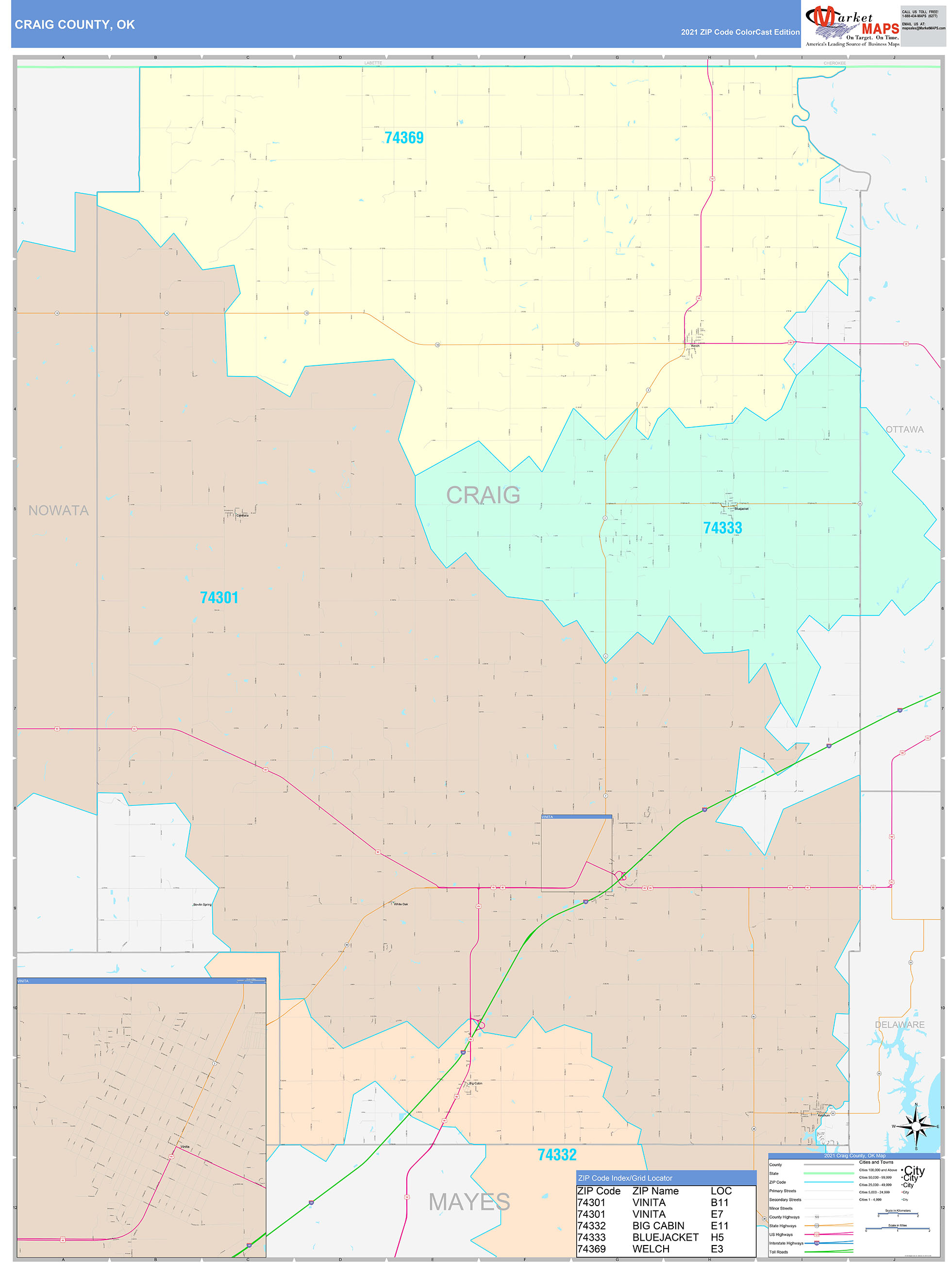 Craig County, OK Wall Map Color Cast Style by MarketMAPS - MapSales.com