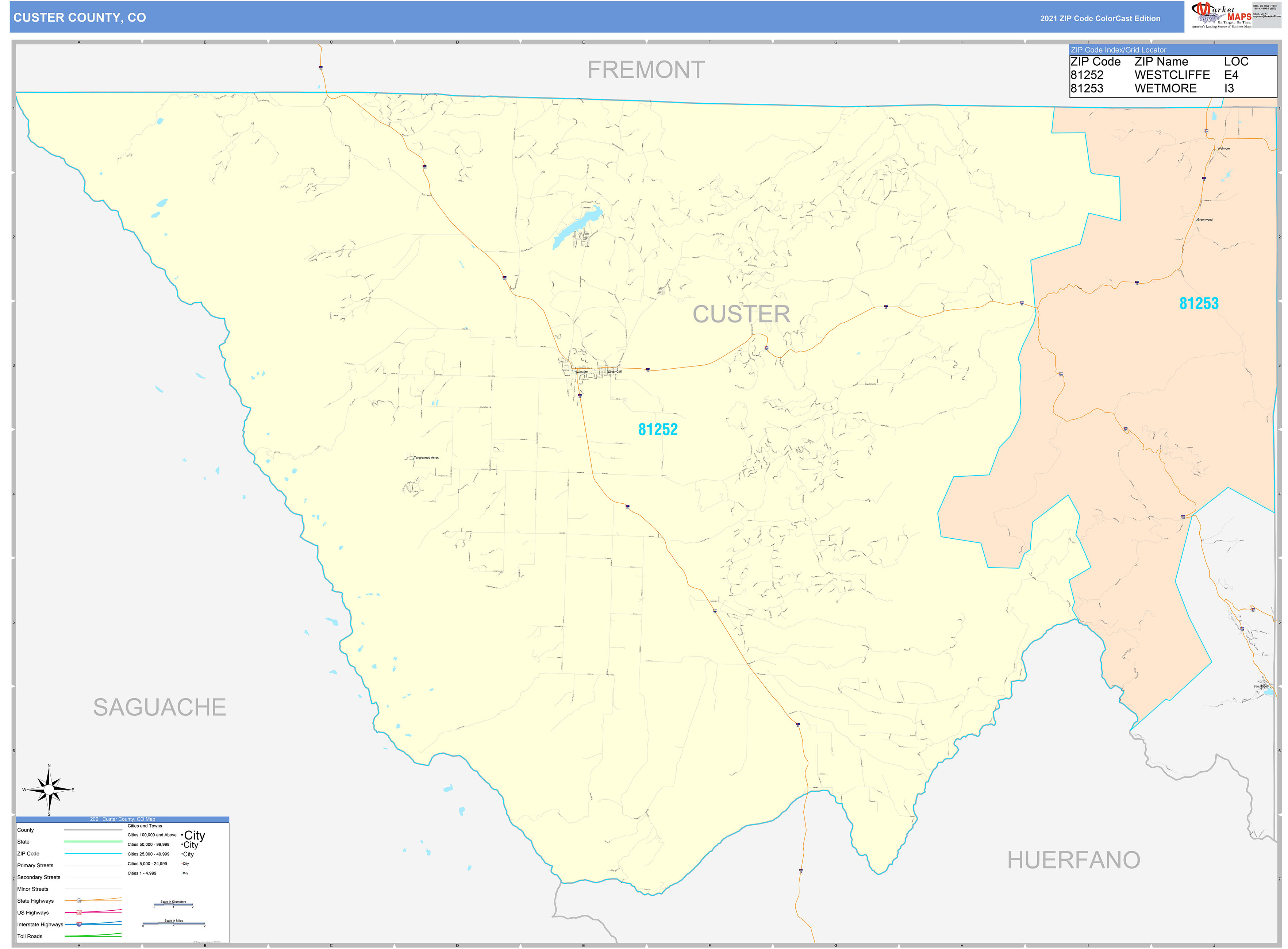 Custer County, CO Wall Map Color Cast Style by MarketMAPS