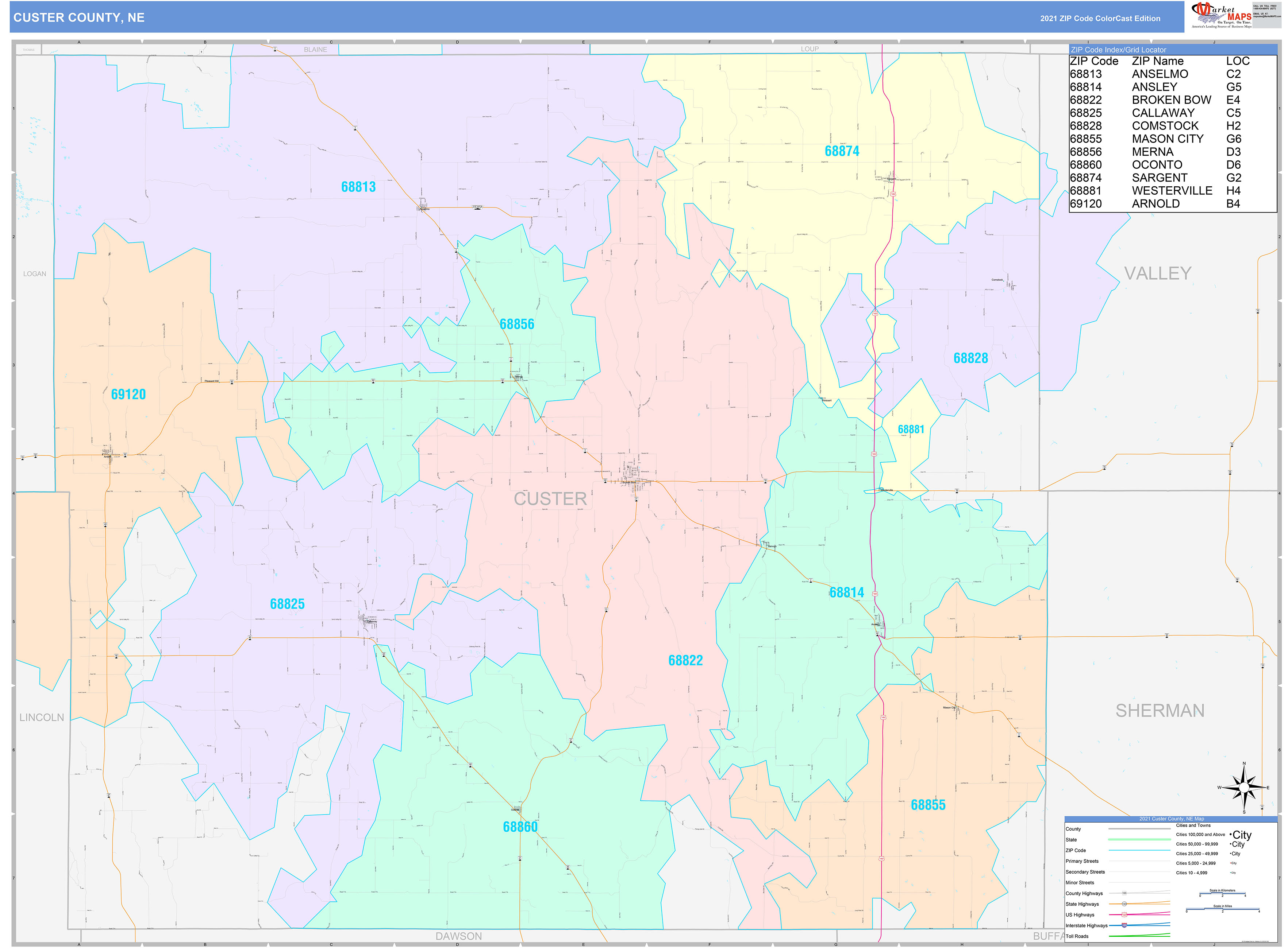 Custer County, NE Wall Map Color Cast Style by MarketMAPS - MapSales.com