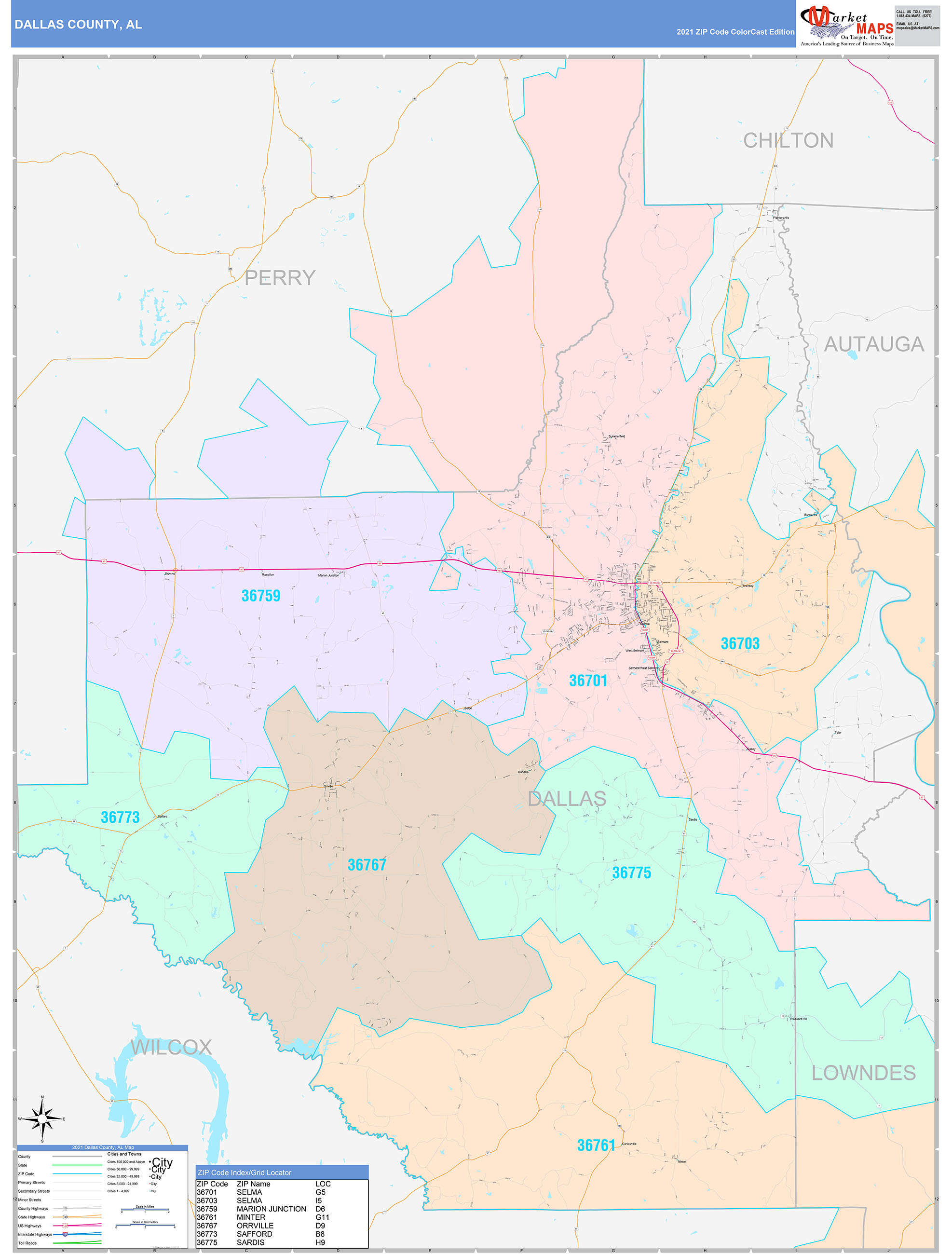 Dallas County, AL Wall Map Color Cast Style by MarketMAPS - MapSales.com