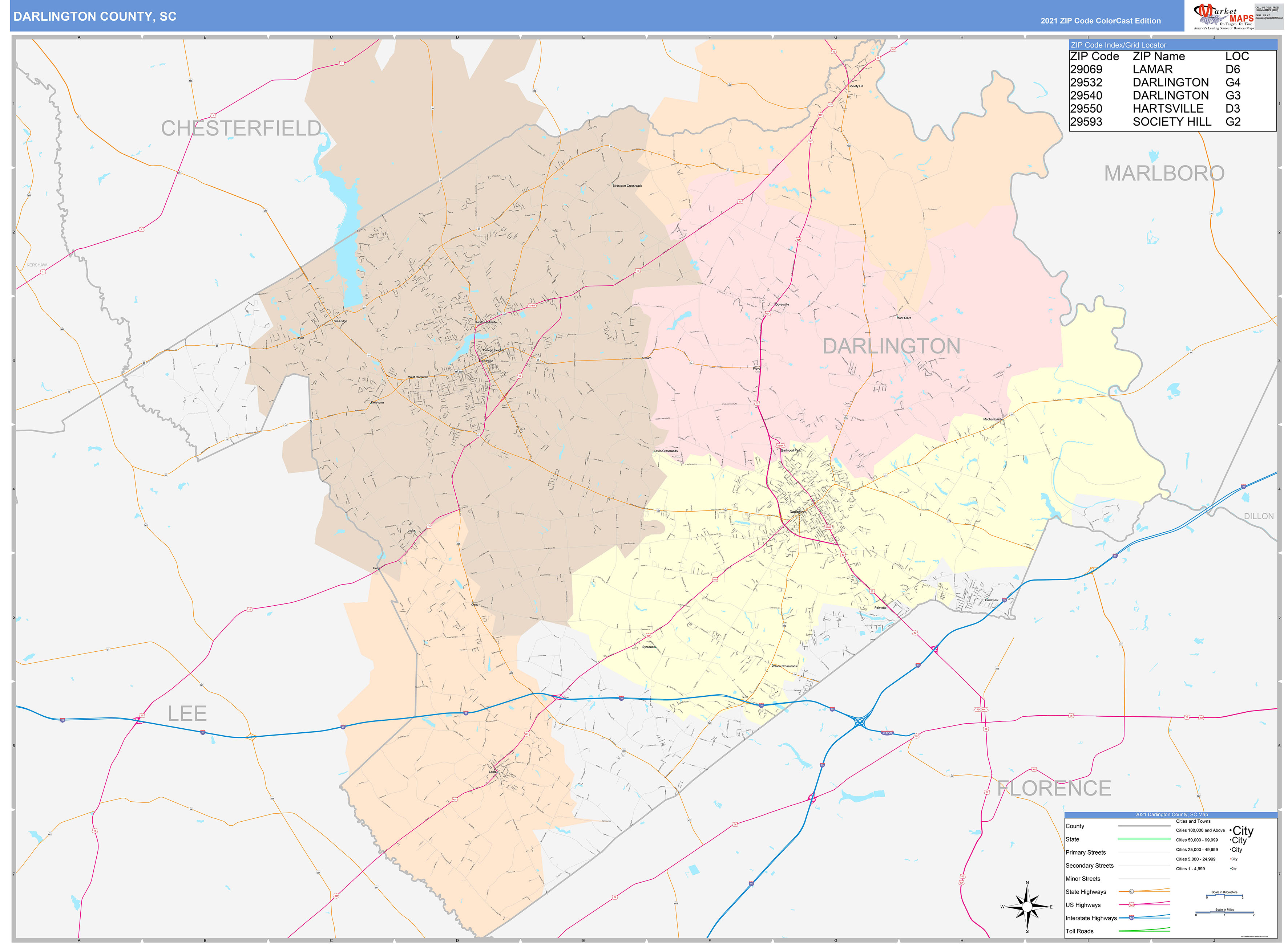 Darlington County, SC Wall Map Color Cast Style by MarketMAPS MapSales