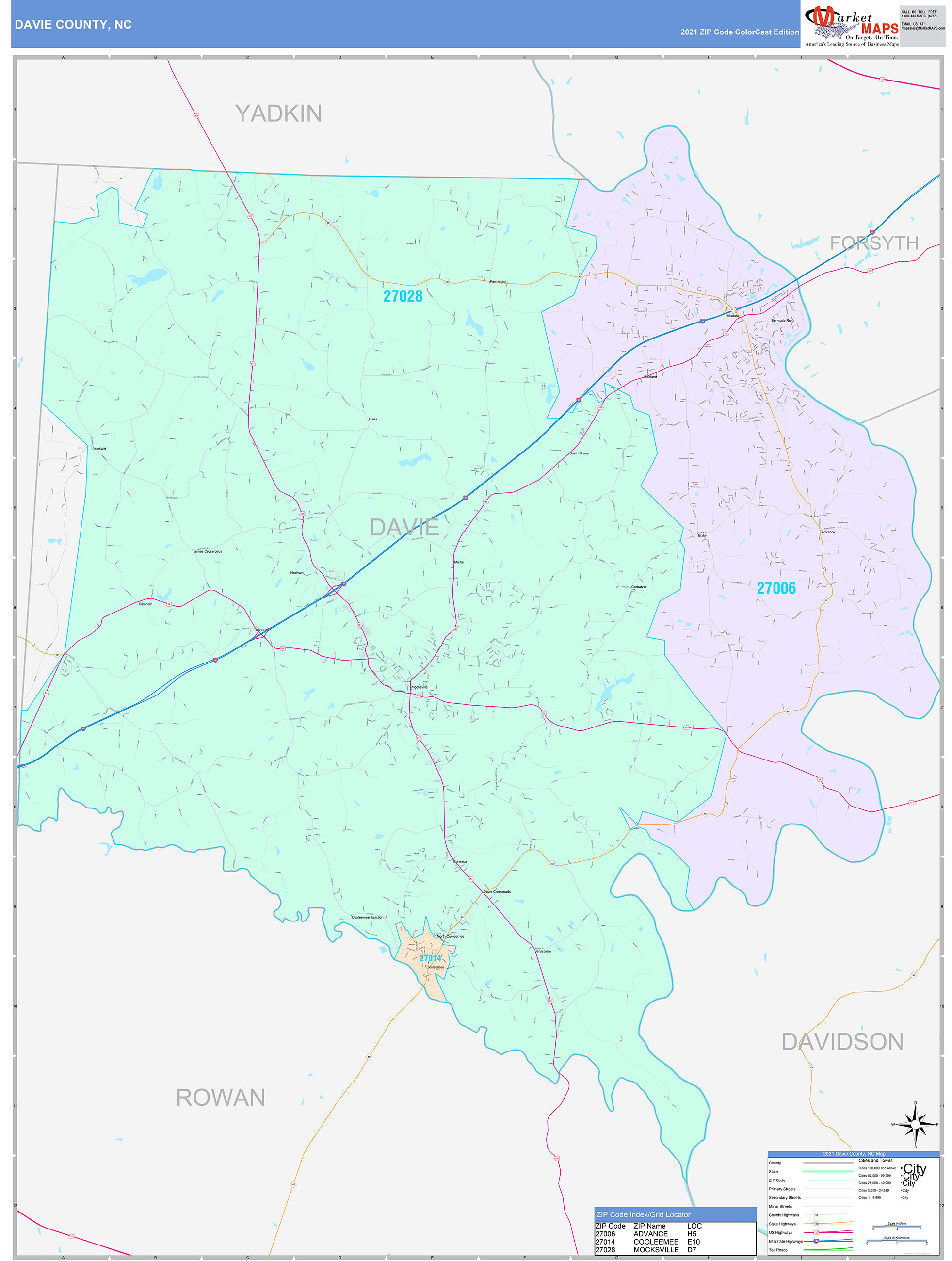 Davie County, NC Wall Map Color Cast Style by MarketMAPS