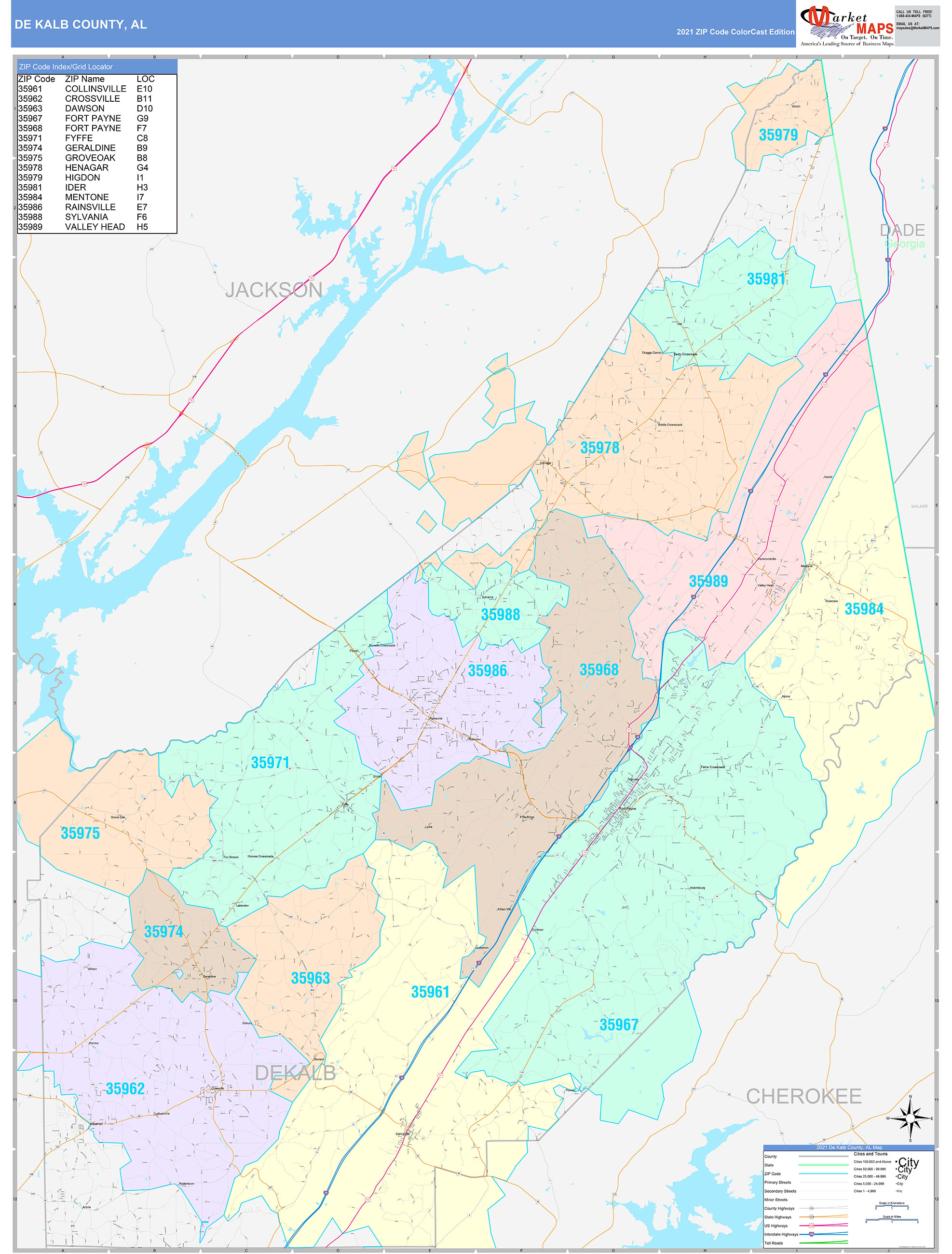 DeKalb County, AL Wall Map Color Cast Style by MarketMAPS